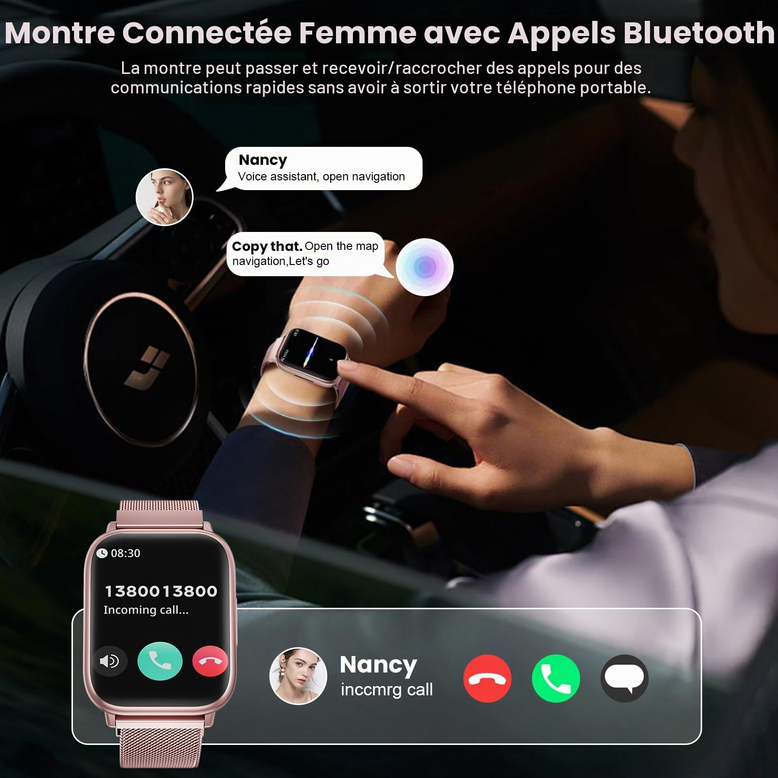 Loekneue New Montre Connectée Femme avec Appel Bluetooth, 1,83" HD Watch Cycle menstruel SpO2 Moniteur de Sommeil Sports IP68 Cardiofréquencemètre Fitness Tracker pour iOS Android Rose