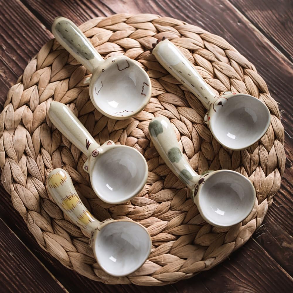 Lot de 2 cuillères à soupe en céramique faites à la main avec manche court pour crème glacée et riz (assortiment de 5 pièces)
