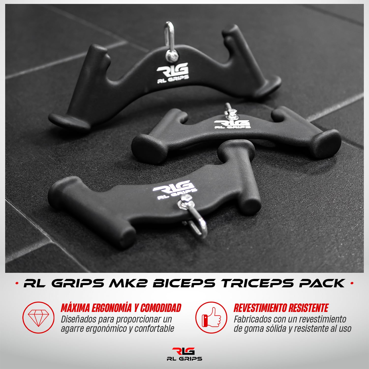 RL Grips - MK2 Agarres para Poleas de Gimnasio de Bíceps y Tríceps - Pack de 3 Manerales de Entrenamiento en Cable de Pesas Ergonómicos para Brazo - Agarres para Curl en Poleas