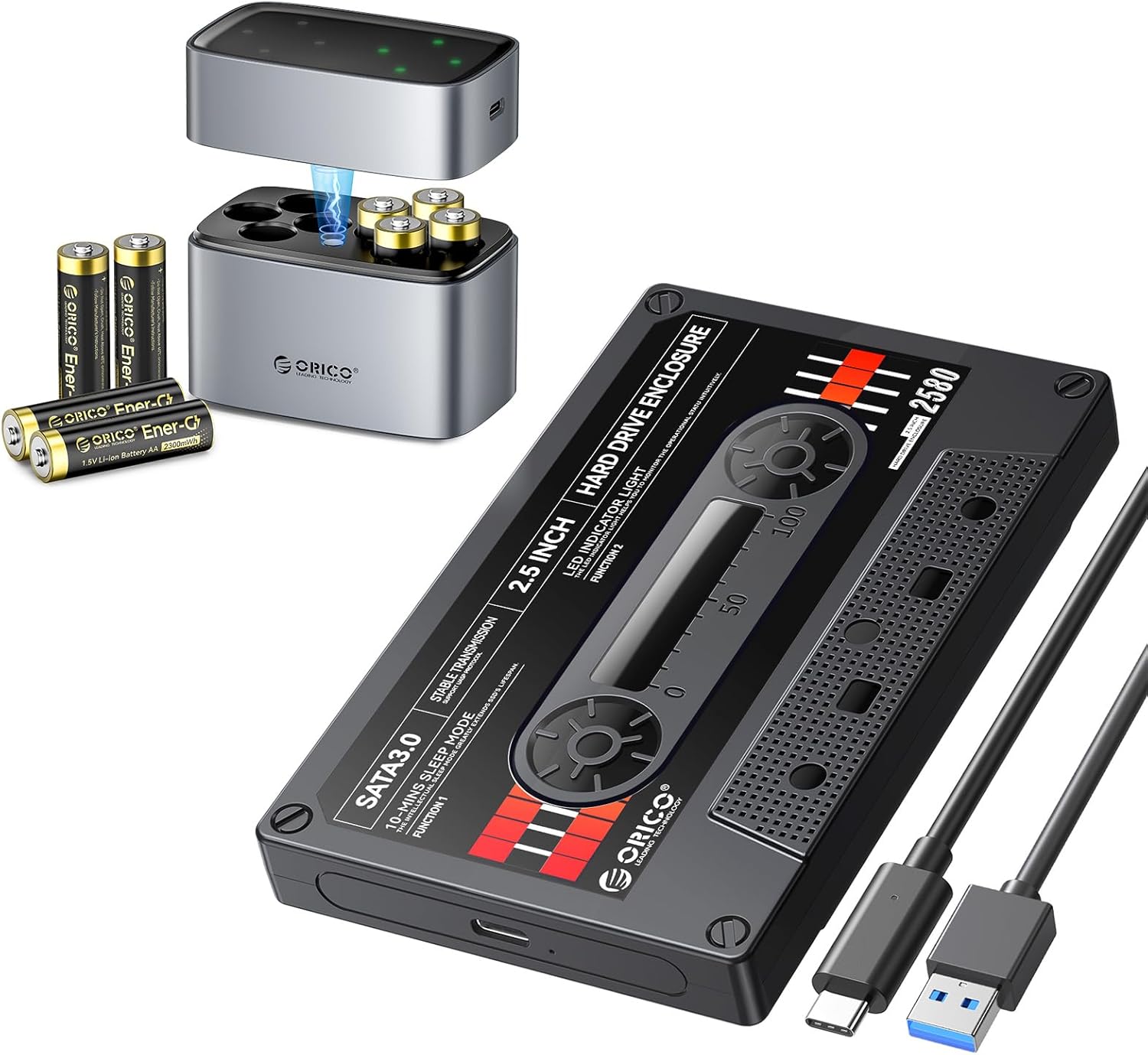 ORICO 2.5" USB C External Hard Drive Enclosure with 8-Pack Rechargeable AA Lithium Batteries & Fast Charger Set, 6Gbps UASP SATA III Case for 7mm/9.5mm SSD HDD & 1.5V 1500+ Cycles Li-ion Battery Kit