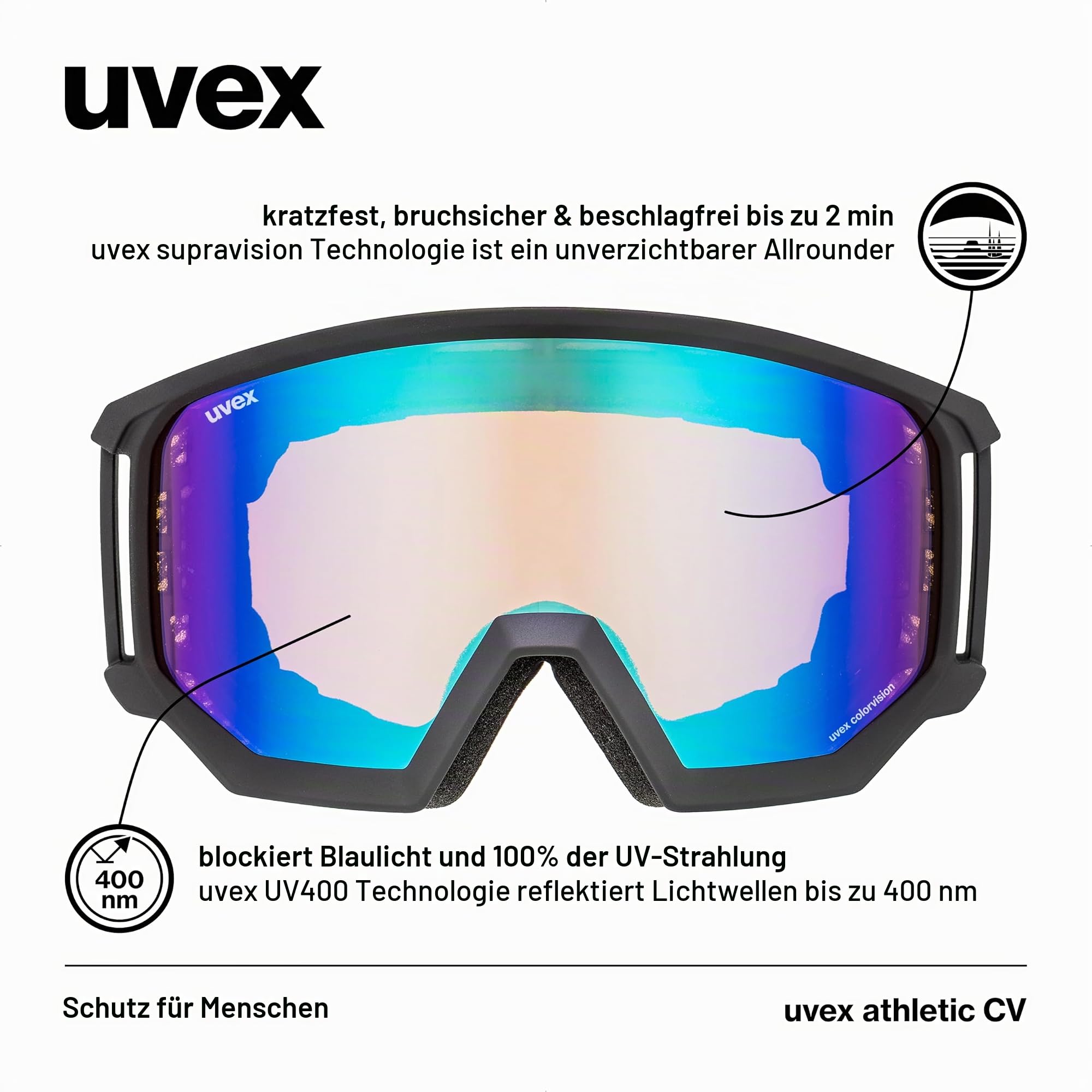 uvex athletic CV - kontrastverstärkende Skibrille mit Anti-Fog-Beschichtung im kantigen Retro-Design für Damen und Herren
