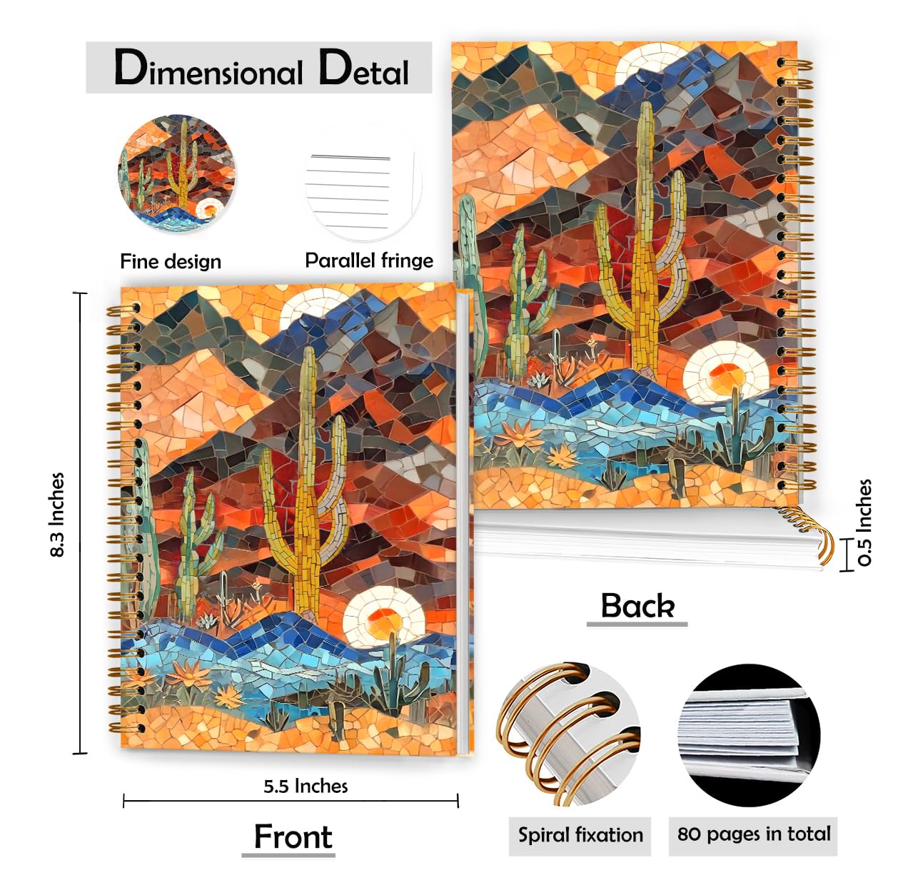 Diario occidentale con cactus e deserto in vetro colorato, diario in stile bohémien, diario astratto a puzzle, quaderno a spirale con copertina rigida sud-occidentale, 14 x 21 cm