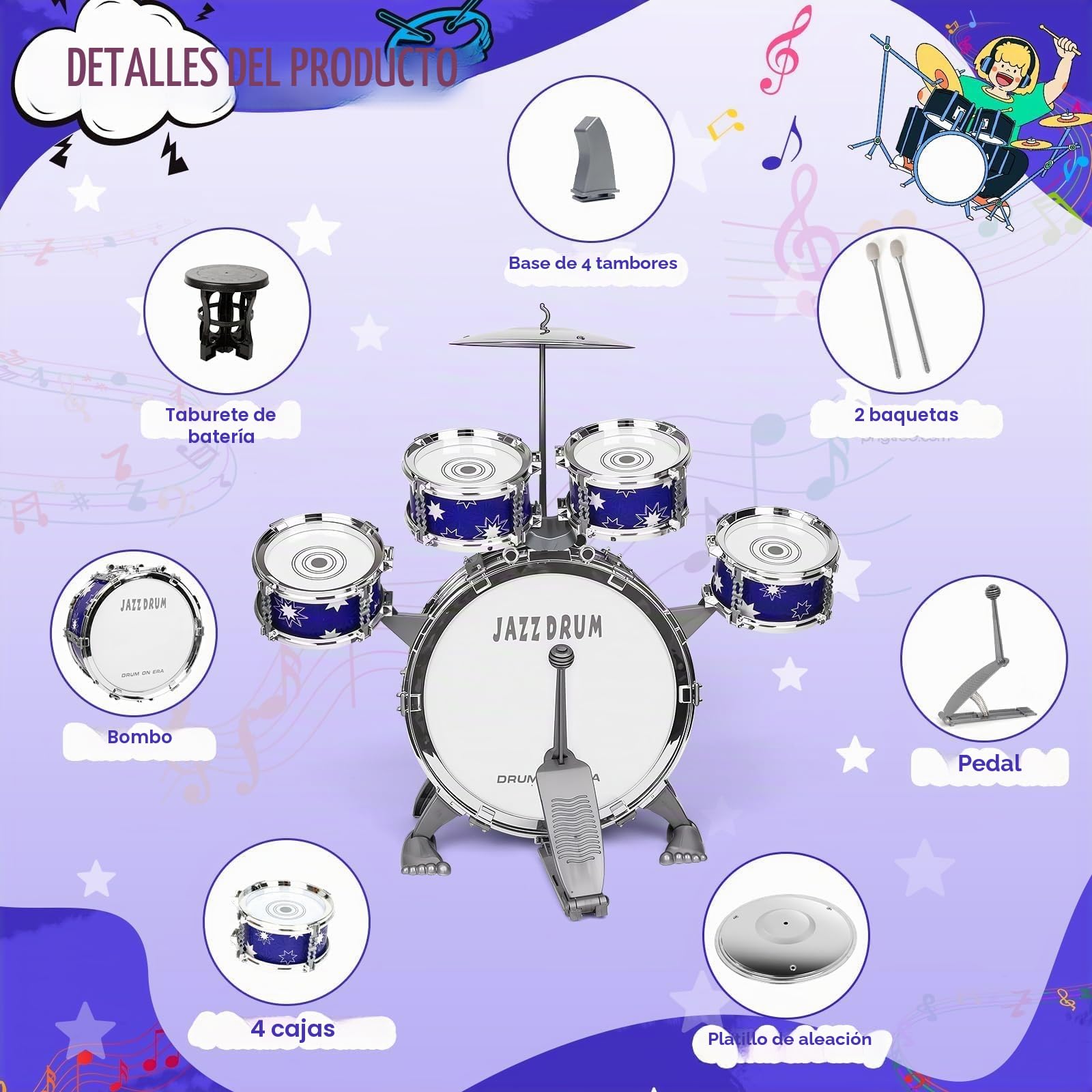 Batería de Juguete Mejorada para Niños 3-5 Años, Kit de Batería Jazz con Taburete, Instrumento Musical para Niñas y Niños, Regalo Educativo