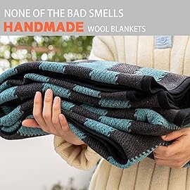 PuTian Merino Wool Blanket - 87 x 63 Thick Warm Soft Large Bed Throw - Great for Camping, Outdoors, Travel, Car, Couch, All Seasons Blue Stripe