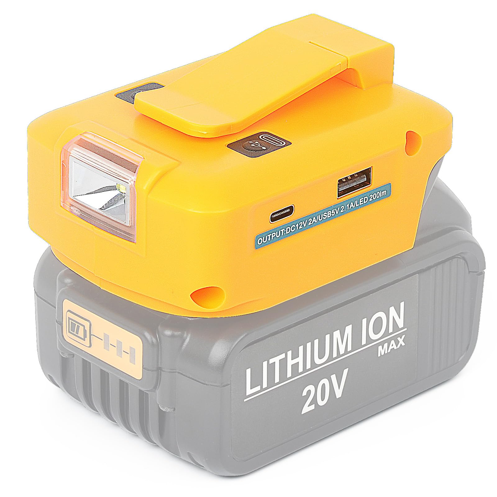 Power Source USB Battery Adapter LED Light for Dewalt 20V Battery，LED Working Light Converter with USB & Type C Phone Charger, DC Port for Heated Jacket(Adapter Only)