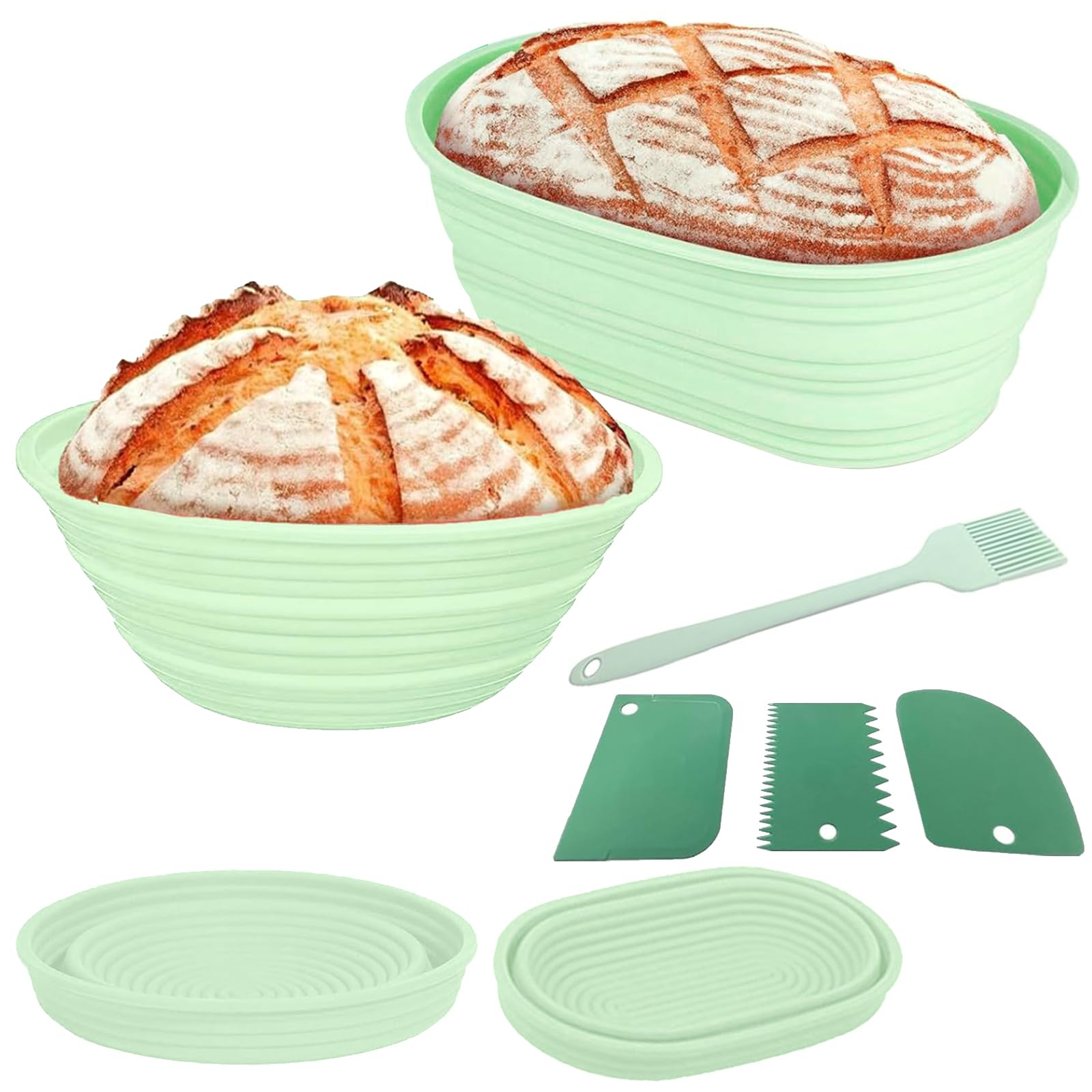 Set Panificazione Con Cestini Lievitazione In Silicone Rotondo & Ovale, Barattolo In Vetro Graduato, Taglia Pasta, Spatola, Accessori Per Fare Il Pane E Fermentazione