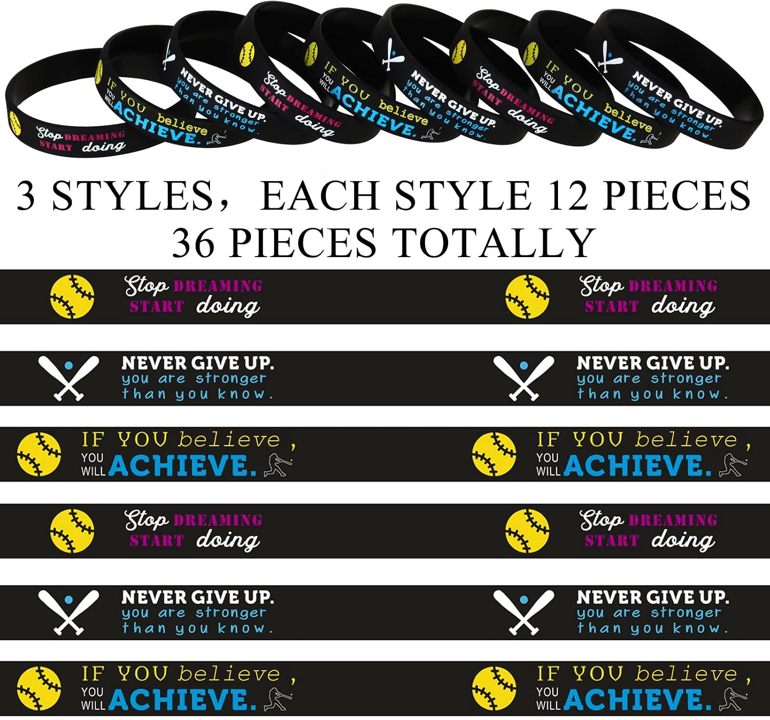 Sumind 36 Pcs Softball Bracelets Silicone Rubber Wristbands for Team