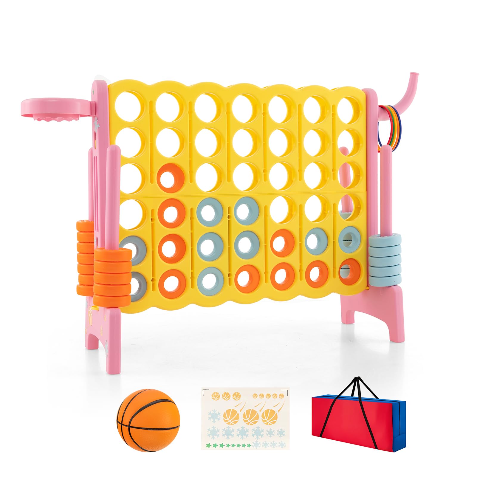KOTEK Giant 4-in-a-Row Game, Jumbo 4-to-Score Family Game w/Quick-Release Sliders, 42 Rings, Ring Toss & Basketball Hoop, Connect Yard Game Outdoor for Kids & Adults (with Carrying Bag,Pink)