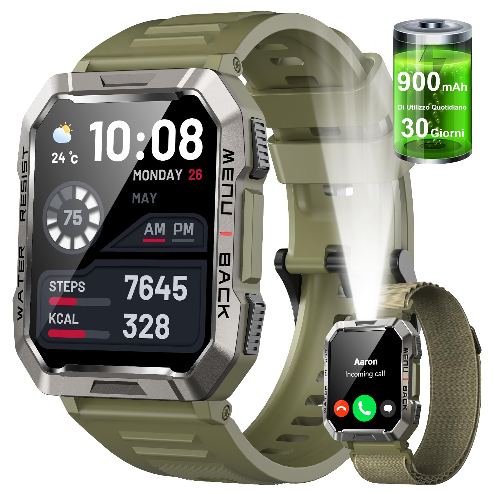 Militare SmartWatch Uomo(Rispondi/Effettua Chiamate), Fitness Tracker con Torcia/Bussola/900mAh Batteria /24H Cardiofrequenzimetro/Sonno/ SpO2/100+ Modalità Sport per Android IOS (2 Cinturini)