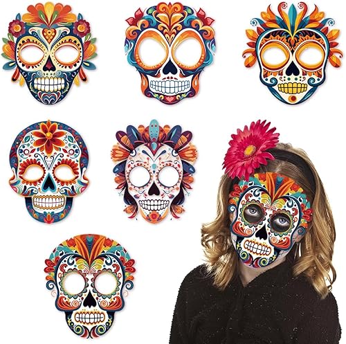 Heureppy 6PCS Day of the Dead Paper Mask Dia de los Muertos Mask for Día de los Muertos Photo Props Party Costume Accessories