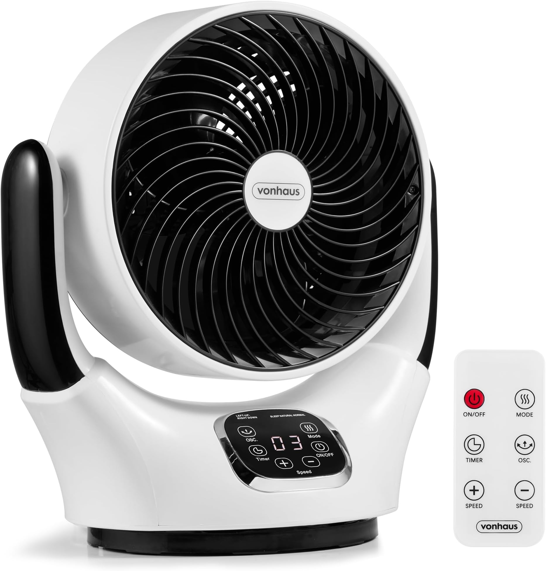 – VonHaus Air Circulator Fan – Desk Fan with 12 Speeds, 3 Modes, Remote Control, 12hr Timer, 90° Oscillating, Quiet, LED Display, 3 Blades – Table Top Cooling for Home, Office, Living Room, Bedroom