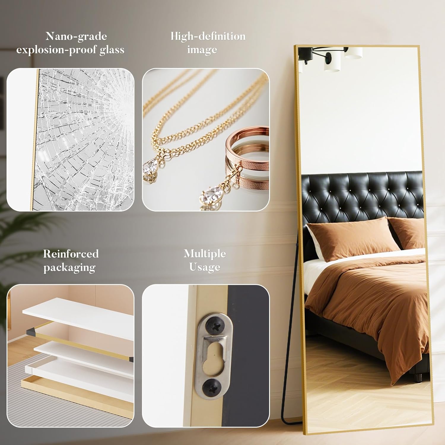 DUMOS Full Length Mirror 26"x 68.1" for Bedroom, Full Body Mirror with Stand, Hanging or Leaning for Wall, Aluminum Alloy Thin Frame Floor Standing for Living Room, Long, Gold