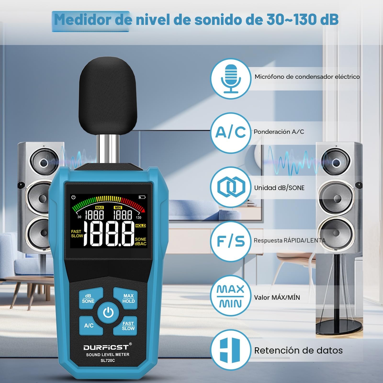 DURFICST Sonómetro Medidor de Decibelios Portátil Decibelímetro dB SONE Pantalla LCD Aula Oficina Fábrica