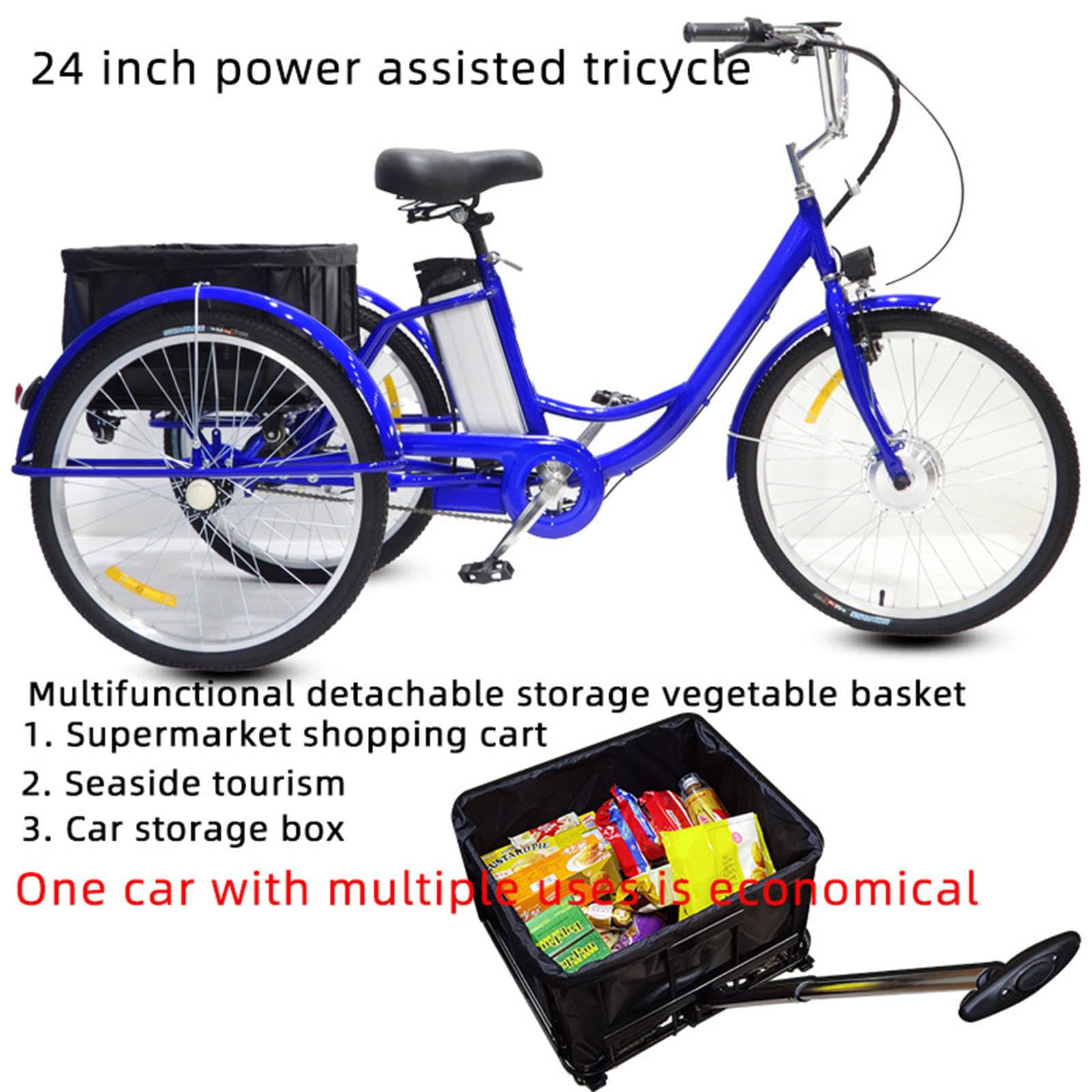 Triciclo elettrico per adulti con motore da 350 W, batteria rimovibile, portata massima di 150 kg, cestino e seggiolino per bambini, ideale per shopping e picnic.