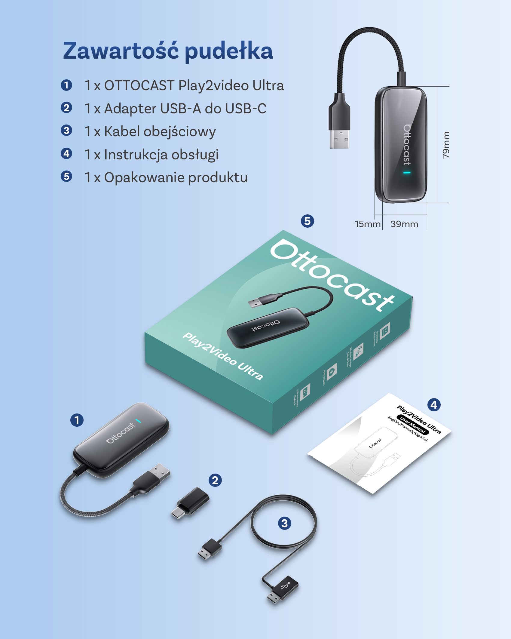 OTTOCAST Play2Video Ultra, Bezprzewodowy Adapter CarPlay & Android Auto AI Box z Netflix YouTube WiFi 6 5G Bluetooth 5.4 Adapter CarPlay Netflix do większości samochodów 2016+