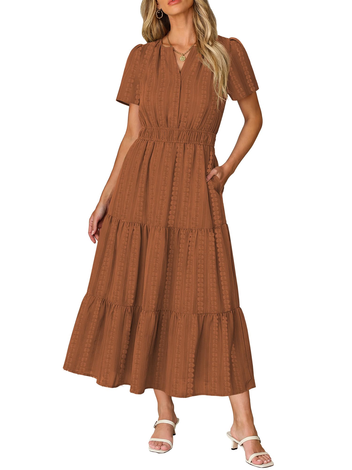 RUMIA Women Casual Midi Maxi Dresses Short Sleeve V Neck Elastic Waist Vacation Dress Pockets（S-2XL — view 18