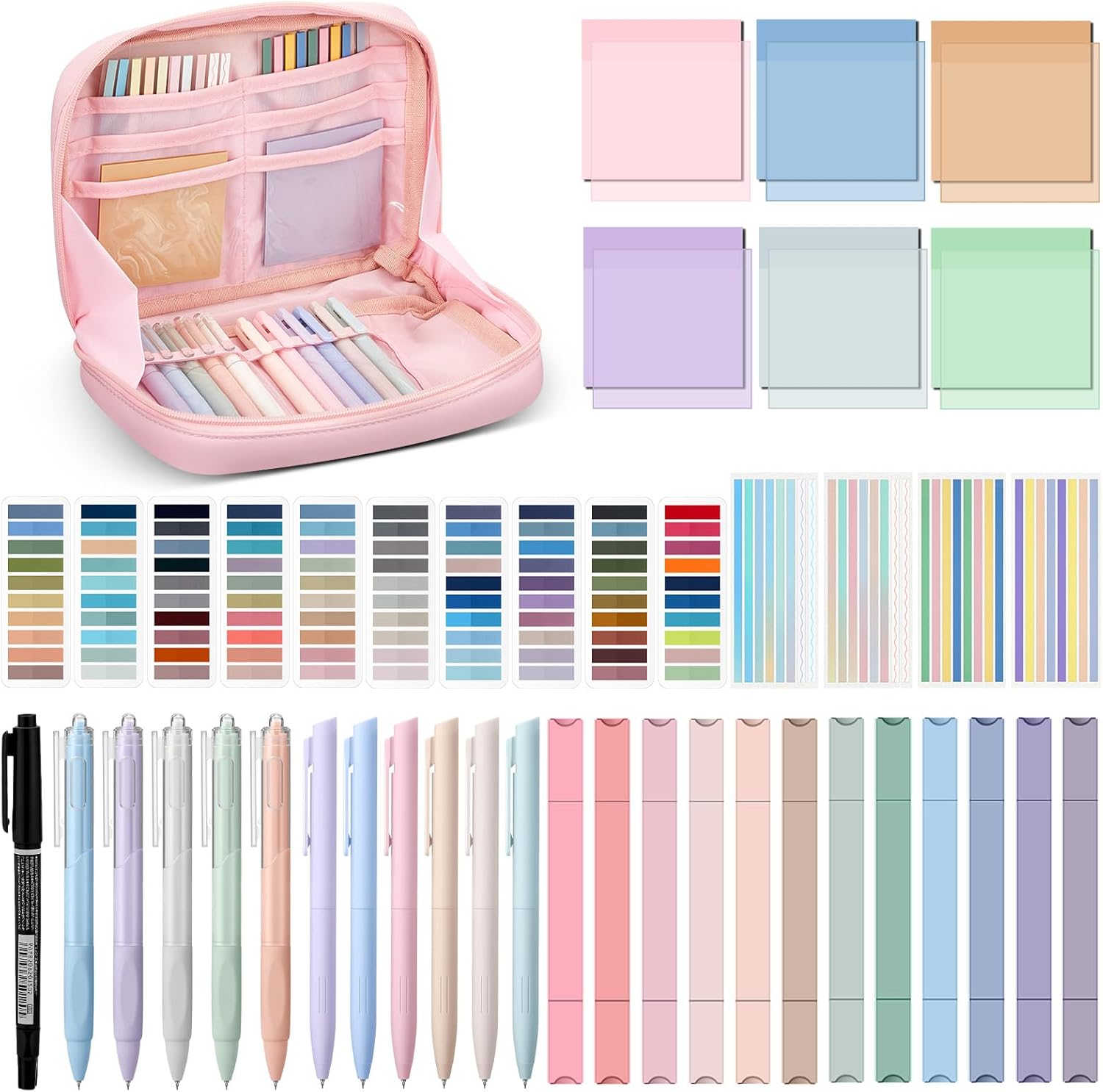 135 Pcs Book Annotation Kit Aesthetic Pencil Case Bag 12 Highlighter 11 Gel Pen 1 Marker 300 Sheet Transparent Sticky Notes Pad 2640 Index Stickers Bible Study Supplies (Kawaii,Pink)