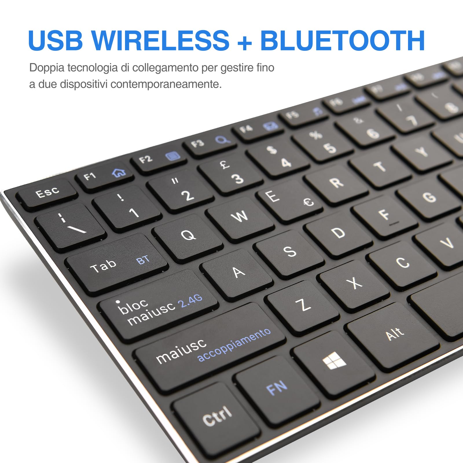 Rii Mini i22S Wireless + Bluetooth - Tastiera compatta e sottile con ampio mouse touchpad, compatibile con Smart TV, TV Box, Tablet, Smartphone, Console, PC, Fire TV, Raspberry