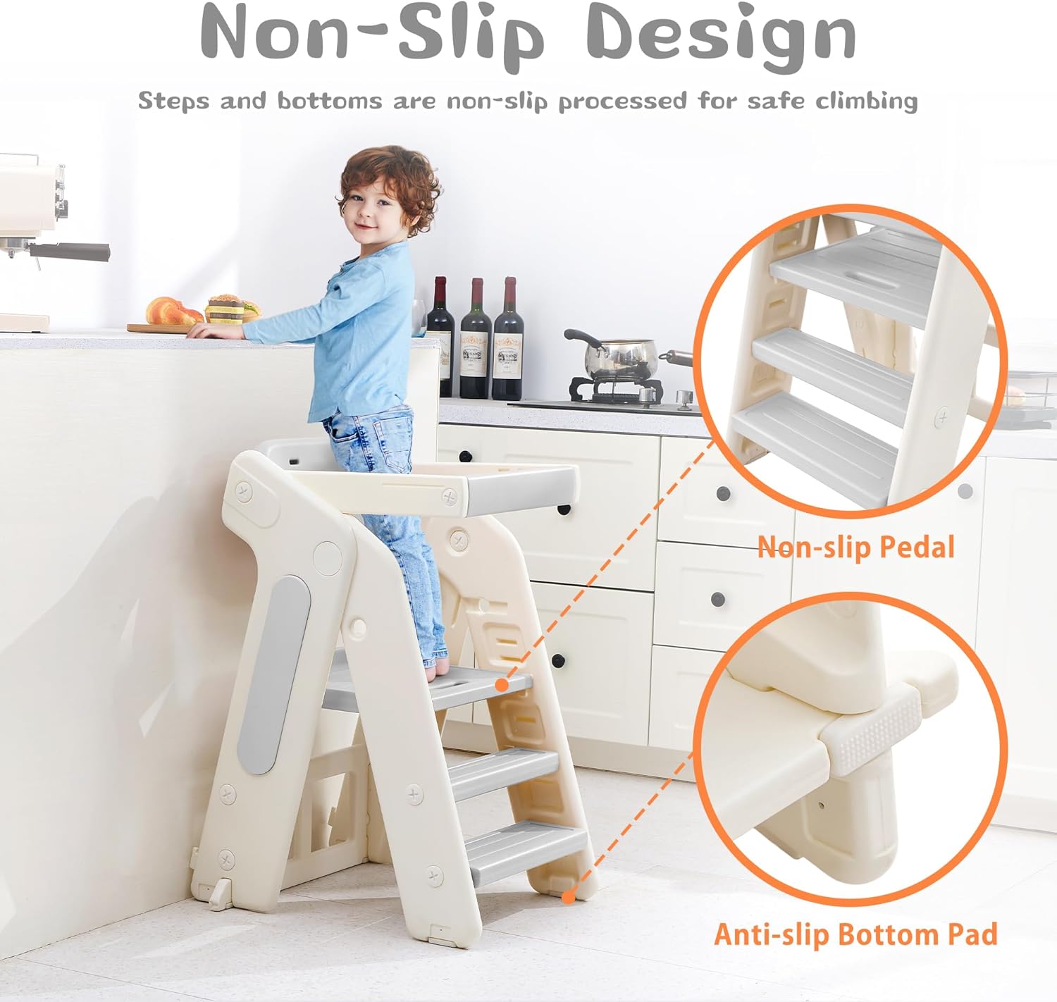 4-in-1 Convertible Toddler Step Stool, Adjustable Height Toddler Tower, Foldable Standing Tower with Safety Fence & Removable Dining Tray, Kids Step Stool for Kitchen Counter Bathroom Sink (Grey)