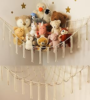 2 Pack Stuffed Animal Net or Hammock, Hanging Stuff Animal Organizer Holder, Toy Hammock Net for Stuffed Animals Corner, Boho Decor Room Holder for Nursery Play Room Bedroom, Beige Color