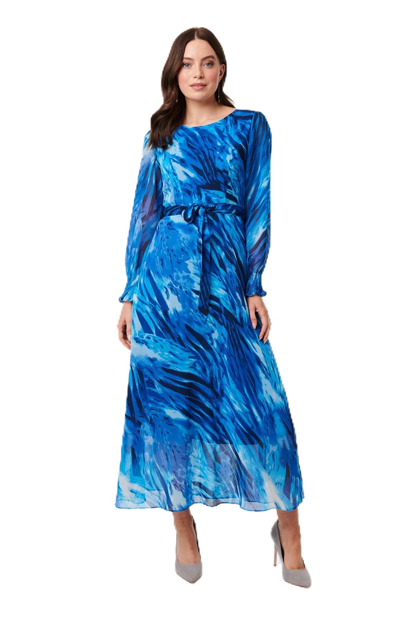 Izabel London Women's Blue Printed Mesh Texture Midi Wrap Dress In | : Size 16