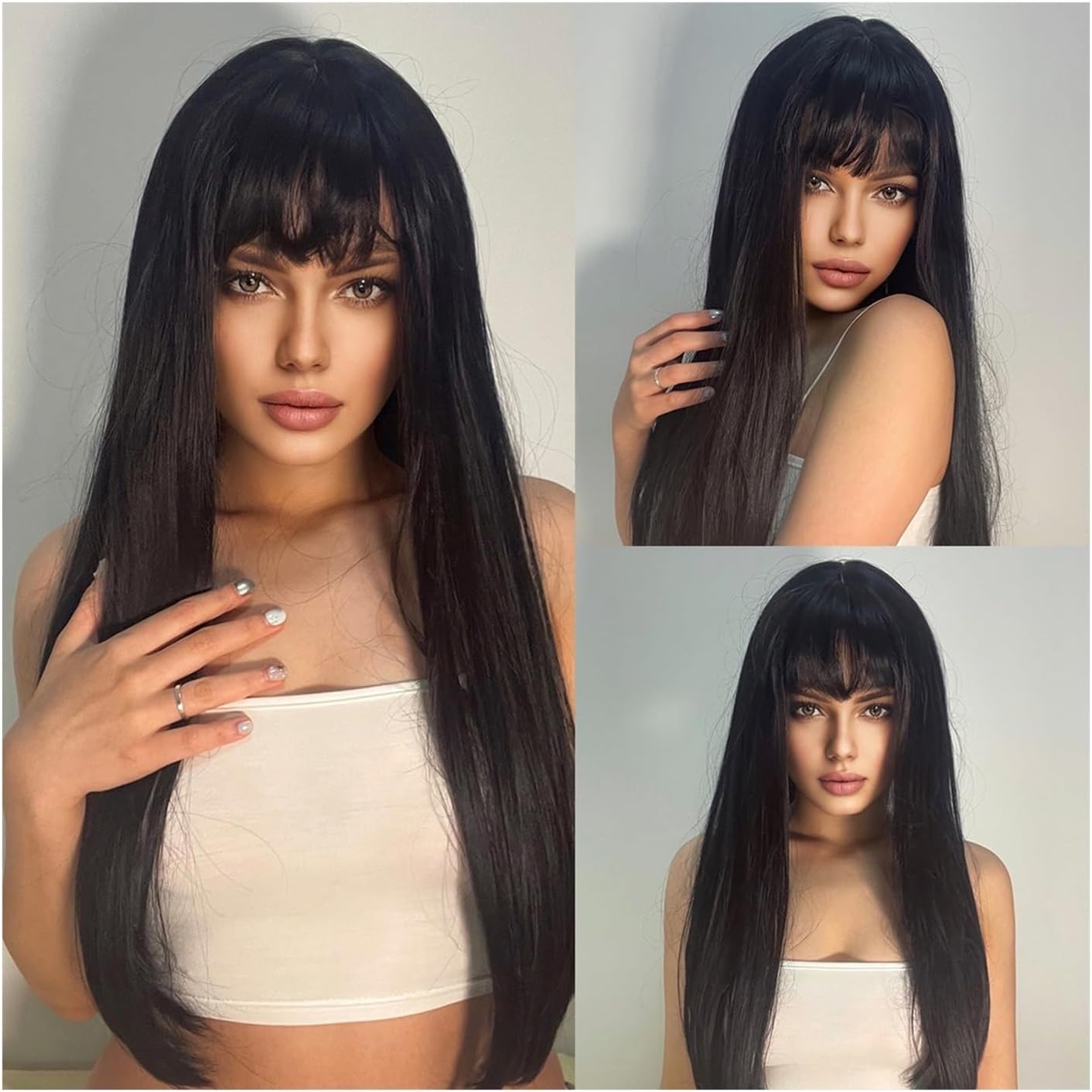 女性のためのかつらコスプレパーティーの暑さ耐性ウィッグロングストレートダークブラック合成ウィッグ