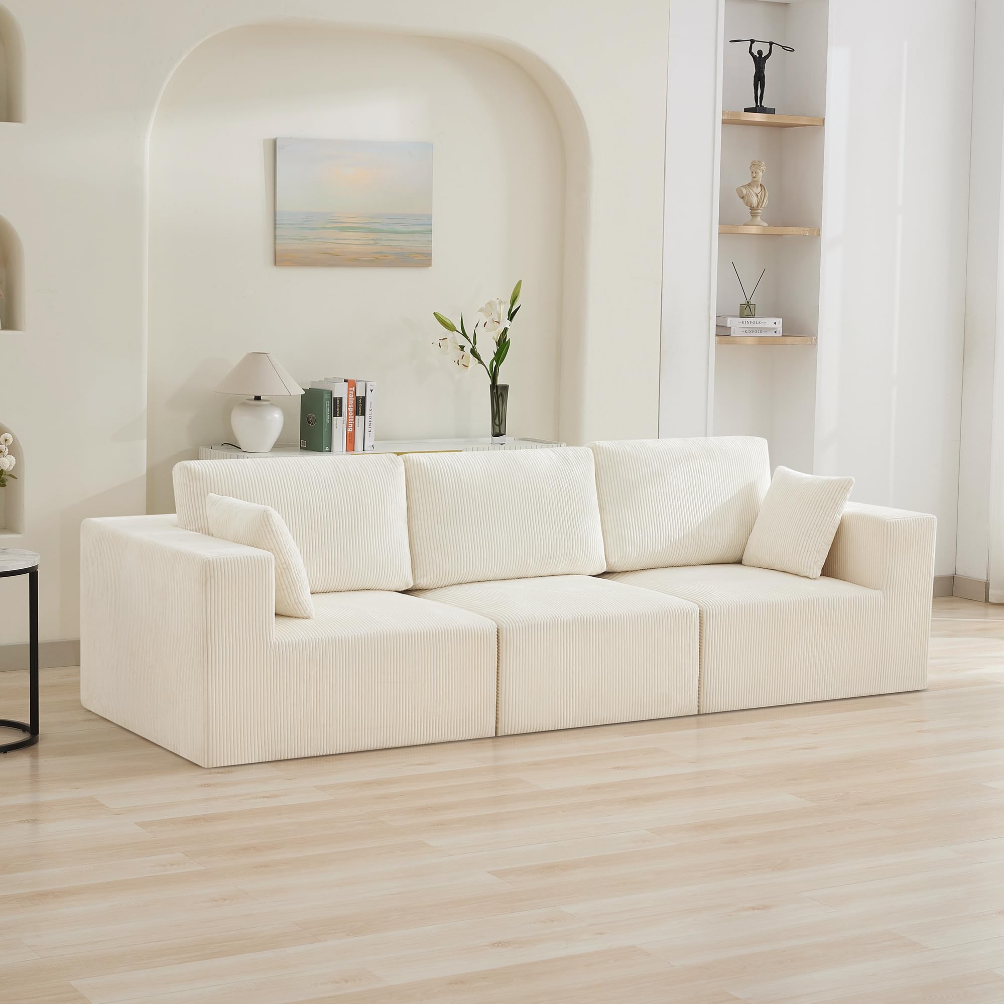 SEE DESCRIPTION & PHOTOS 115'' Comfy Boneless Couch, Upholstered Deep Seat Modular Cloud Sofa, No Assembly Corduroy Compression 3 Seater Sofa Couch for Living Room, Beige