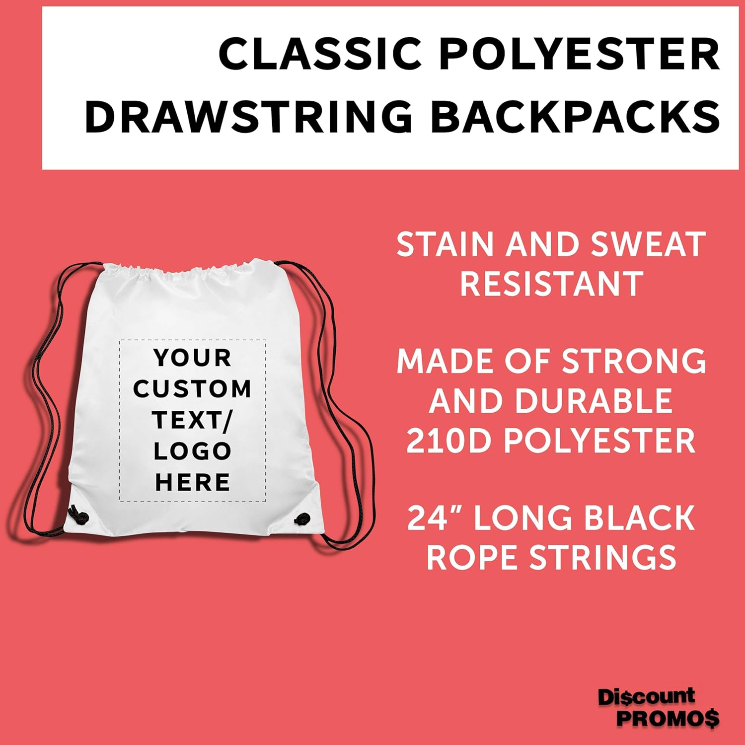 DISCOUNT PROMOS Custom Classic Polyester Drawstring Bagpack Set of 10/50/100, Personalized Bulk Pack - Great for Travelling, Gym and for Everyday Use - White