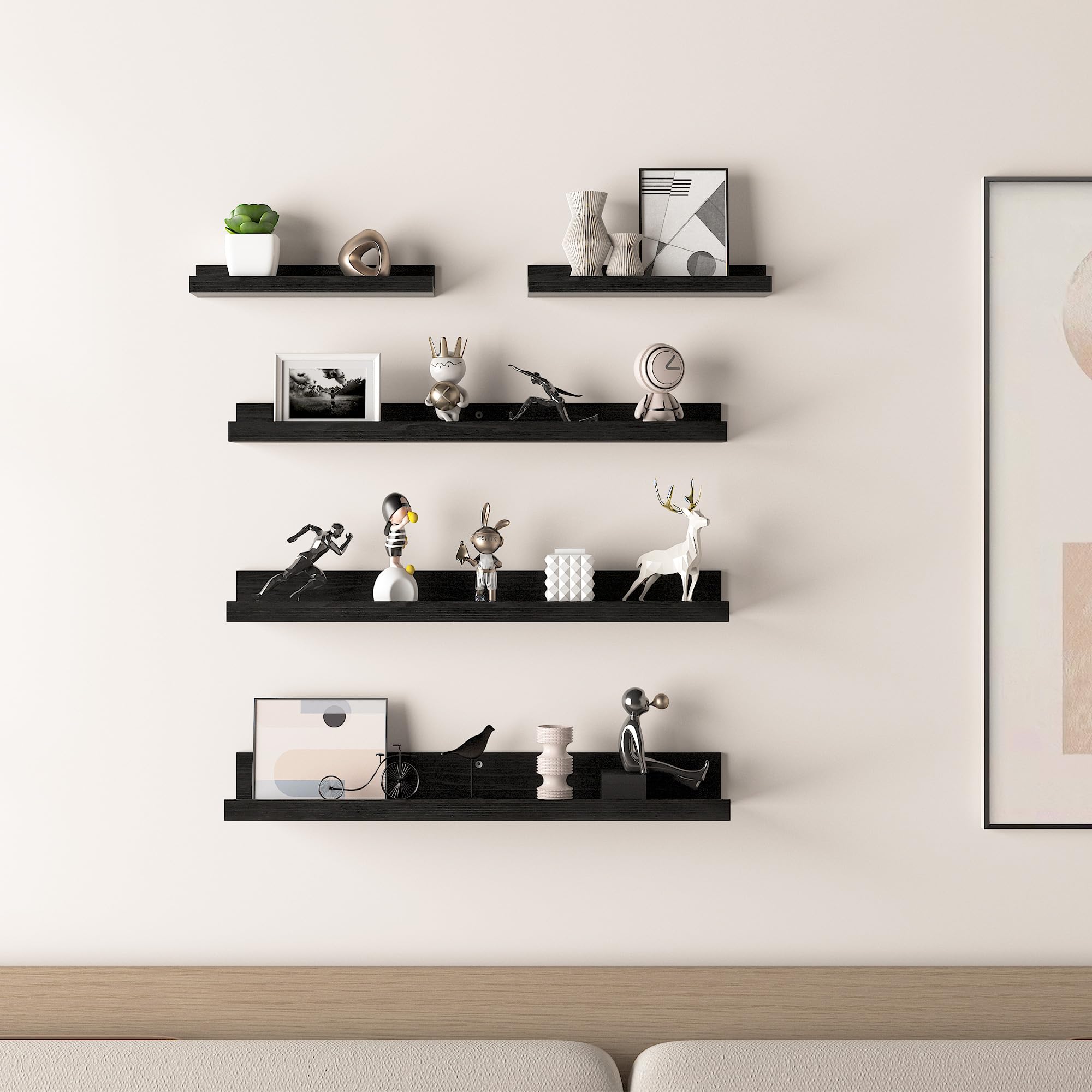 RLAVBL Mensola da Muro 60cm in Legno Nero,Salvaspazio per Casa,Set 5