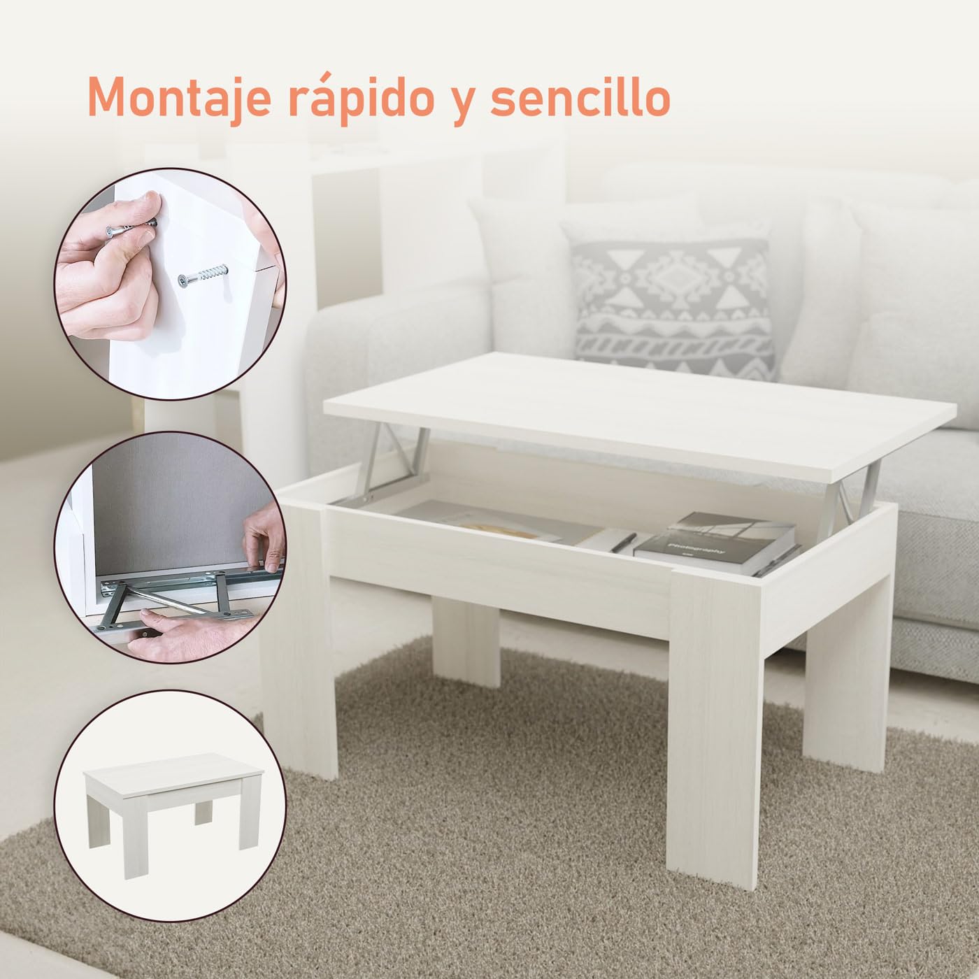 amuéblate online - Mesa de Centro Elevable, Mesita de Salón o Comedor, Acabado en Gris Polar, Medidas: 90 cm (Ancho) x 50 cm (Fondo) x 46-57 cm (Alto)