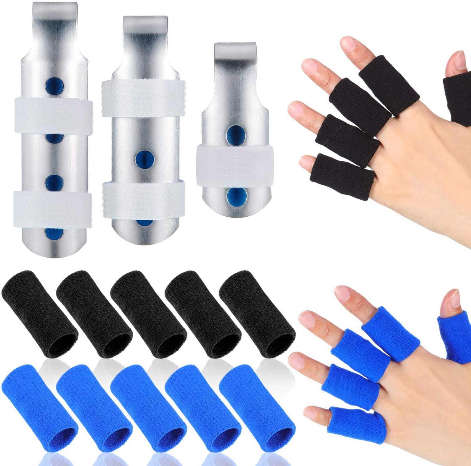 KASTWAVE 3 Pieces Finger Splints, Metal Finger Support Finger Stabilizer in 3 Sizes and 20 Pieces Finger Sleeves Protectors Thumb Brace Support Elastic Compression Protector for Sports