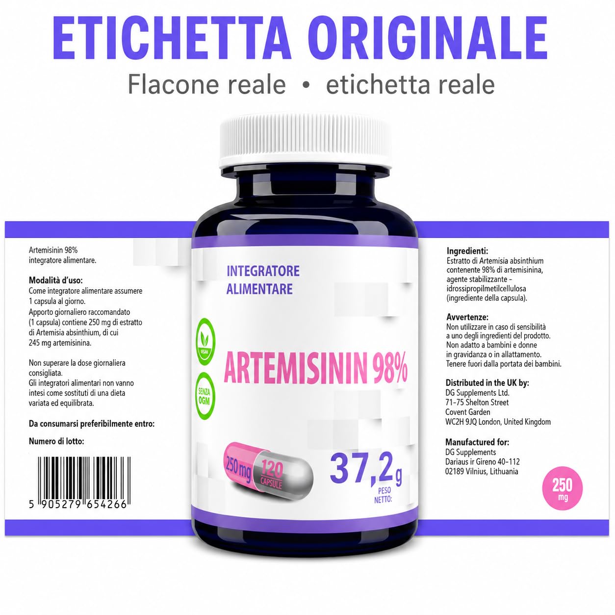 Hepatica Artemisinina | 250 mg | standardizzata al 98% | 120 capsule vegane | scorta per 4 mesi | GMP & Testato da Laboratorio Indipendente