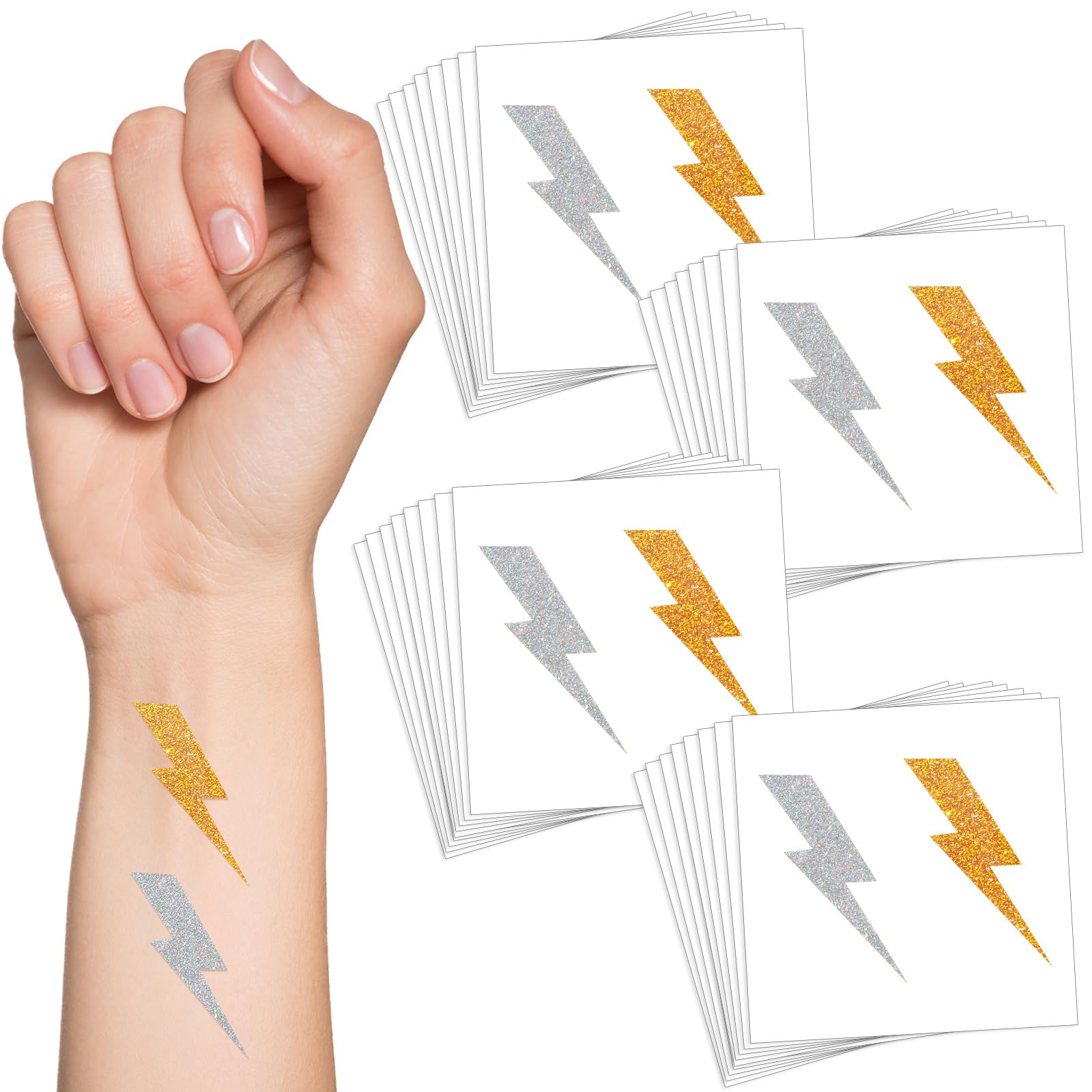 Cholemy 50 Sheets 100 Pcs Glitter Lightning Bolt Temporary Tattoos Metallic Gold and Silver Lightning Bolt Stickers 2 x 2 Inches Removable Apparel Accessories for Birthday Party (Elegant Style)