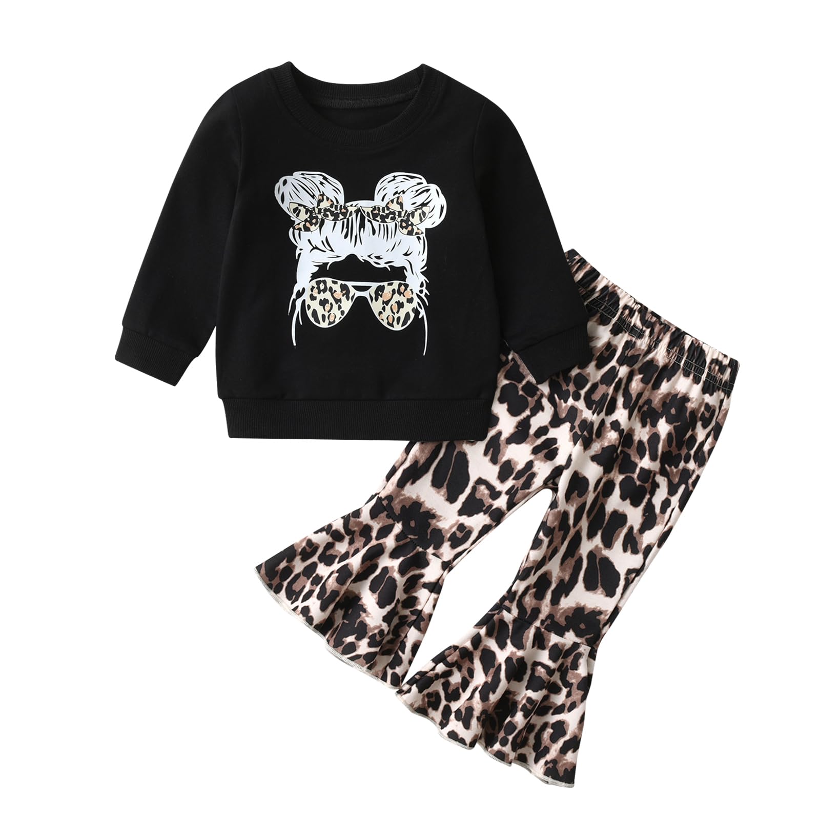 TearfutyToddler Baby Girl Outfits Girls Long Sleeve Top + Leopard Print Bell Bottoms 2pcs Clothes Set for Baby Girls