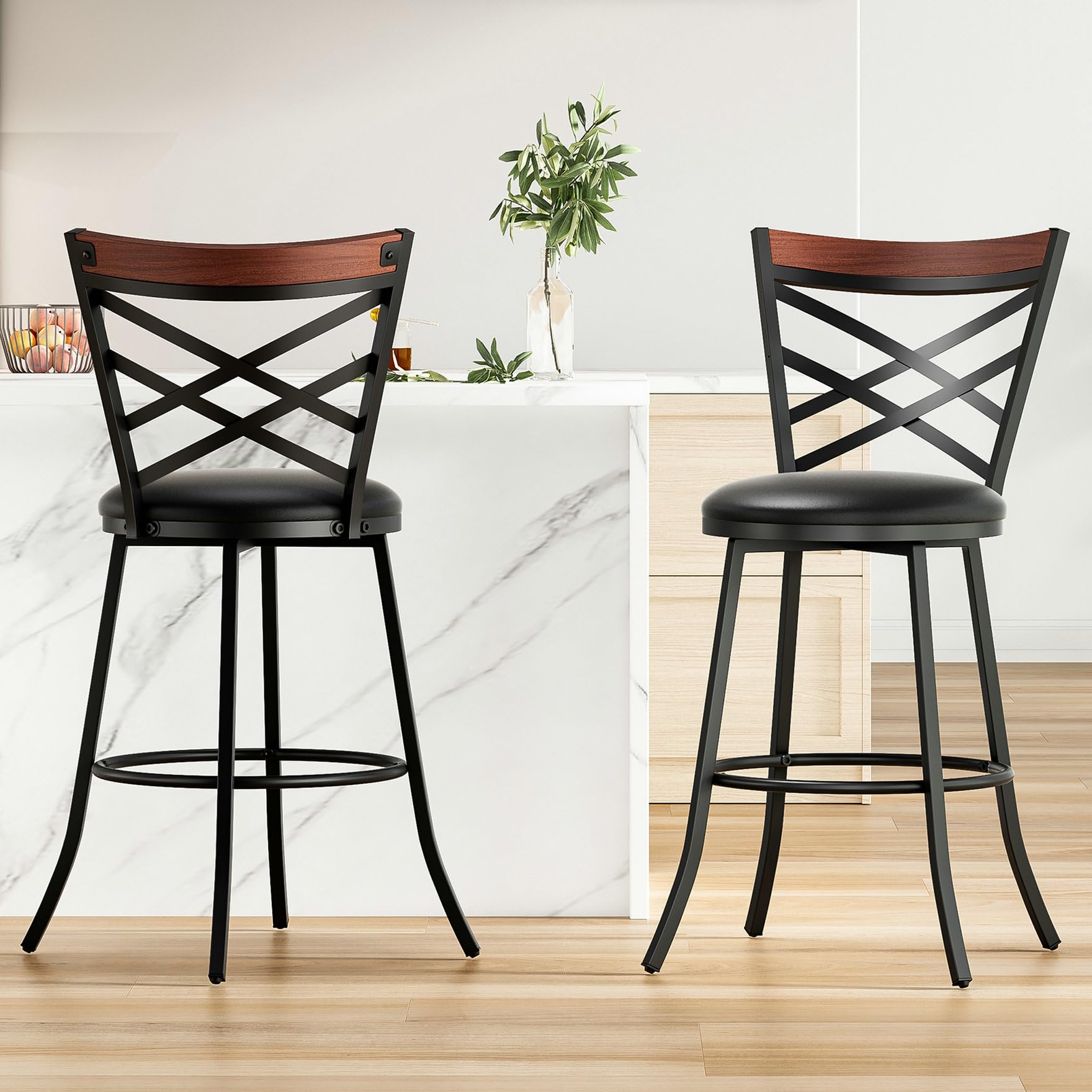 Swivel Counter Stools Set of 2,Modern Counter Height Bar Stools,Bar Stools for Kitchen Counter Height Chairs with Back Faux Leather Barstools for Kitchen Island, Mid Century Barstool