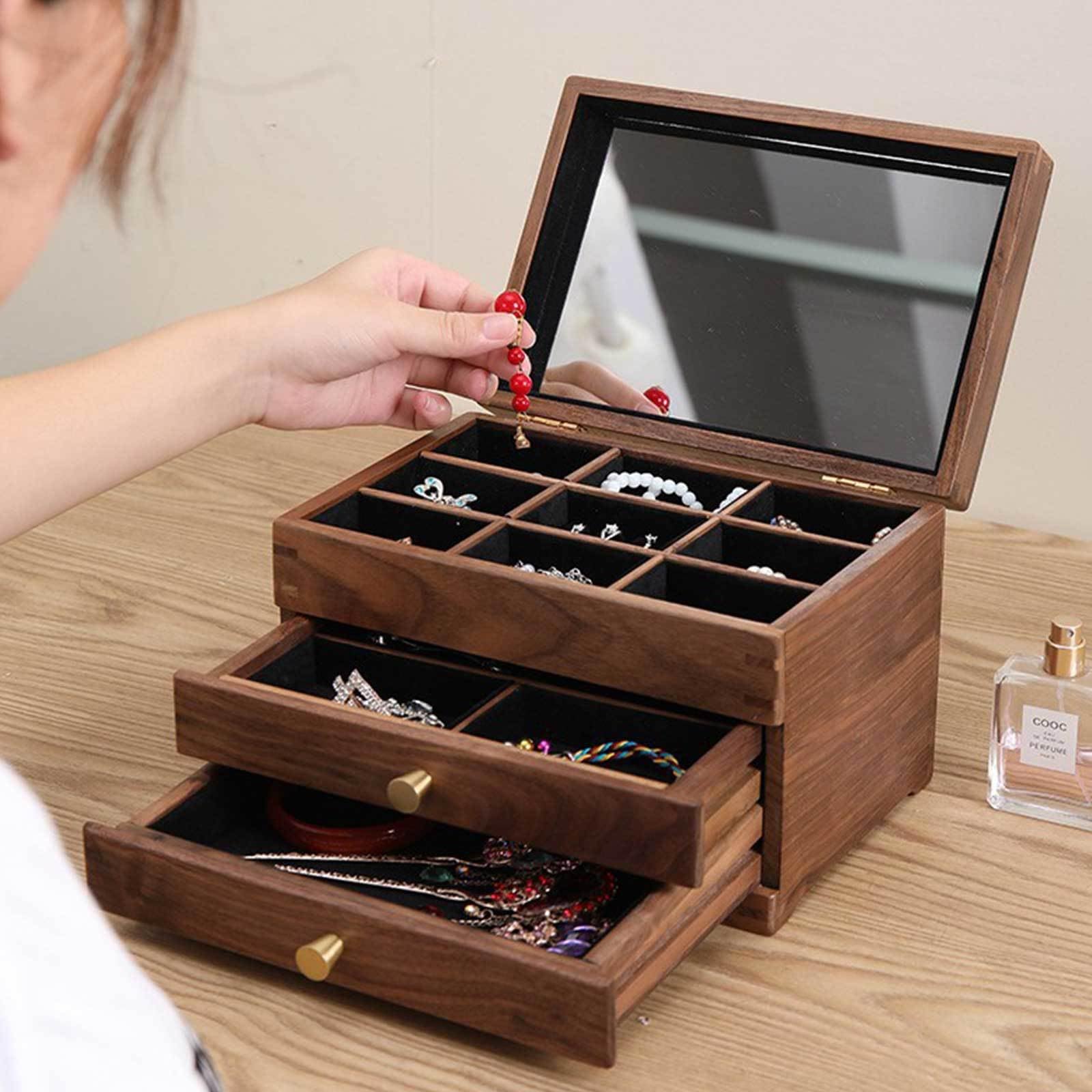 Pudełko na biżuterię, Solid Wood Jewelry Box Mirror 2 Drawers Velvet Interior 9.45x6.30x6.69 Inches Storage Organizer