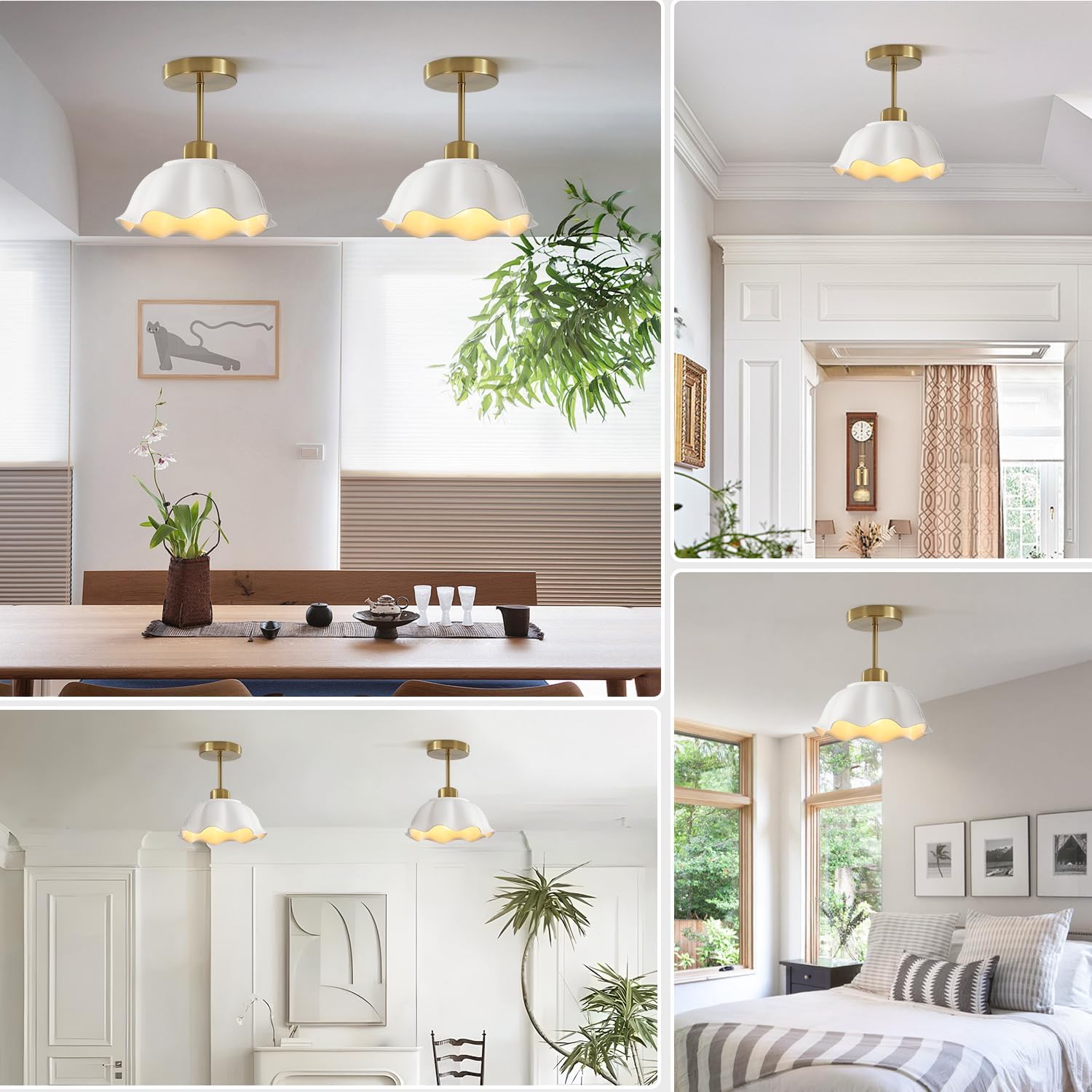 Mid Century Gold Semi Flush Mount Vintage Small Ceramic Kitchen Ceiling Light Milk Glass Hallway Light White Close to Ceiling Lamp for Entryway Hallway MCL10B-GD-L-1