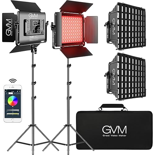 GVM 1000D RGB Led Video Light with 2 Softboxes, Photography Lighting Kit with Bluetooth Control, Full Color Video Lighting Kit with 18 Applicable Scenes, 2 Packs Led Light Panel for Video Shooting