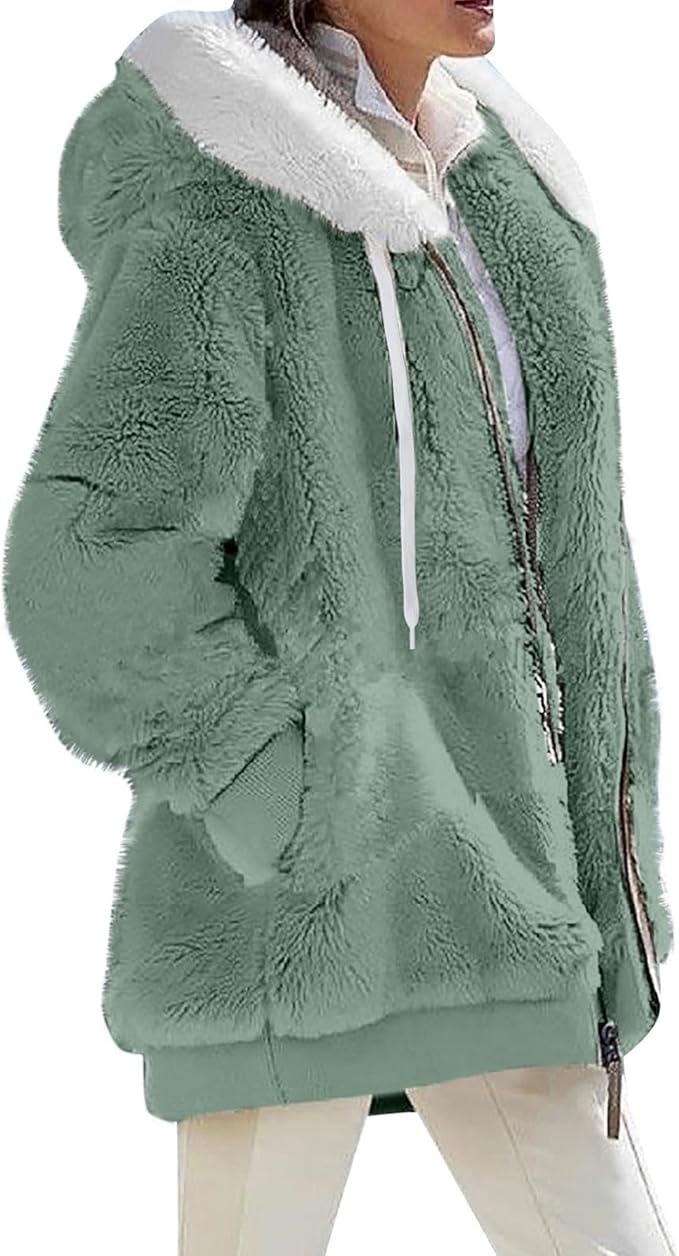 Fuzzy Fleece Jackets for Women Plus Size Hoodies Fall Winter Coats Color Block Patchwork Cardigan Coat with Pockets