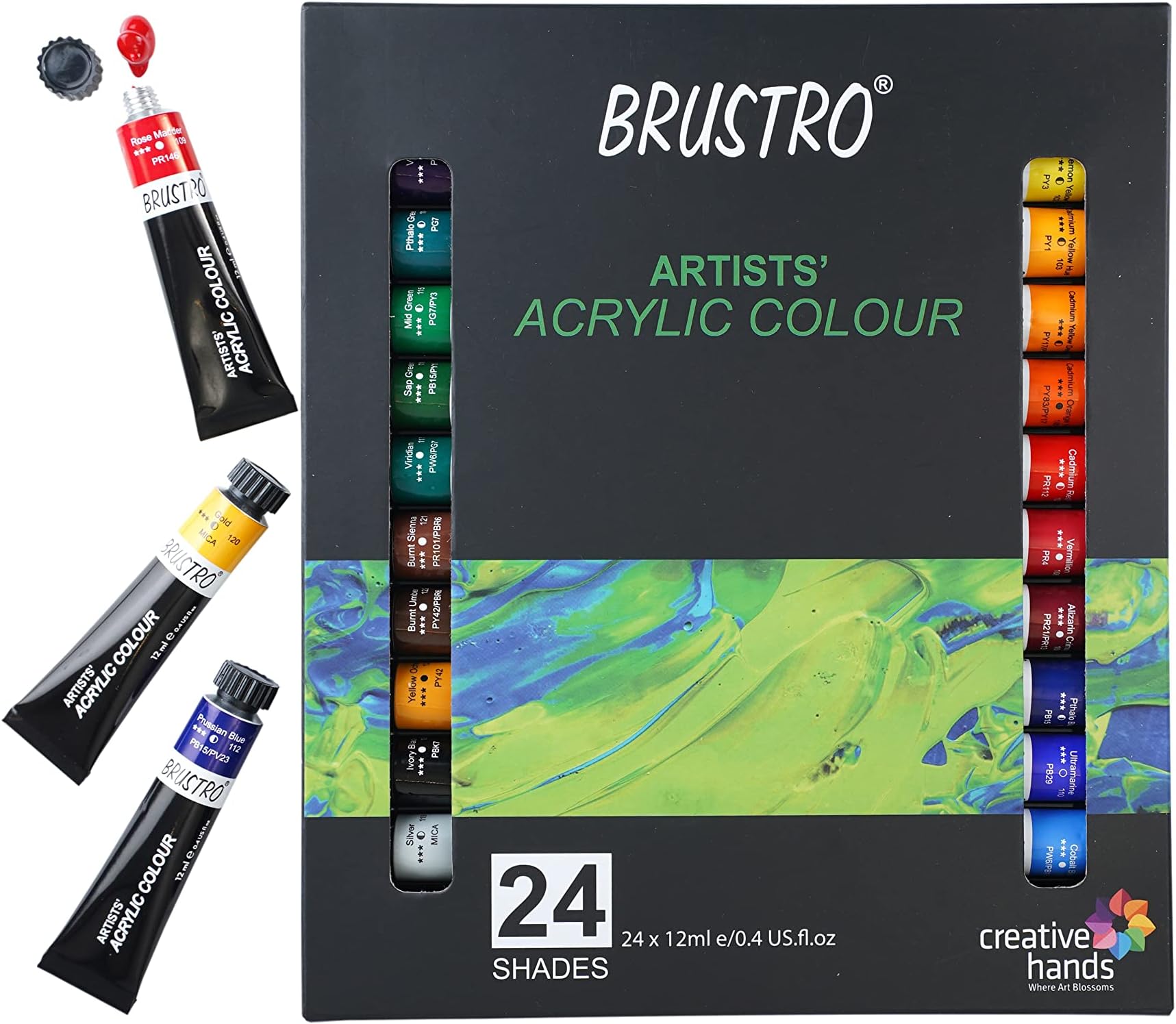 BRUSTRO Acrylic Paint Colour Set | Set of 24 Colours X 12ml Tubes | Highly pigmented, Opaque Colors, Intermixable, Great Opacity, Perfect for Students, Adults, Beginners, Professionals and Artists.