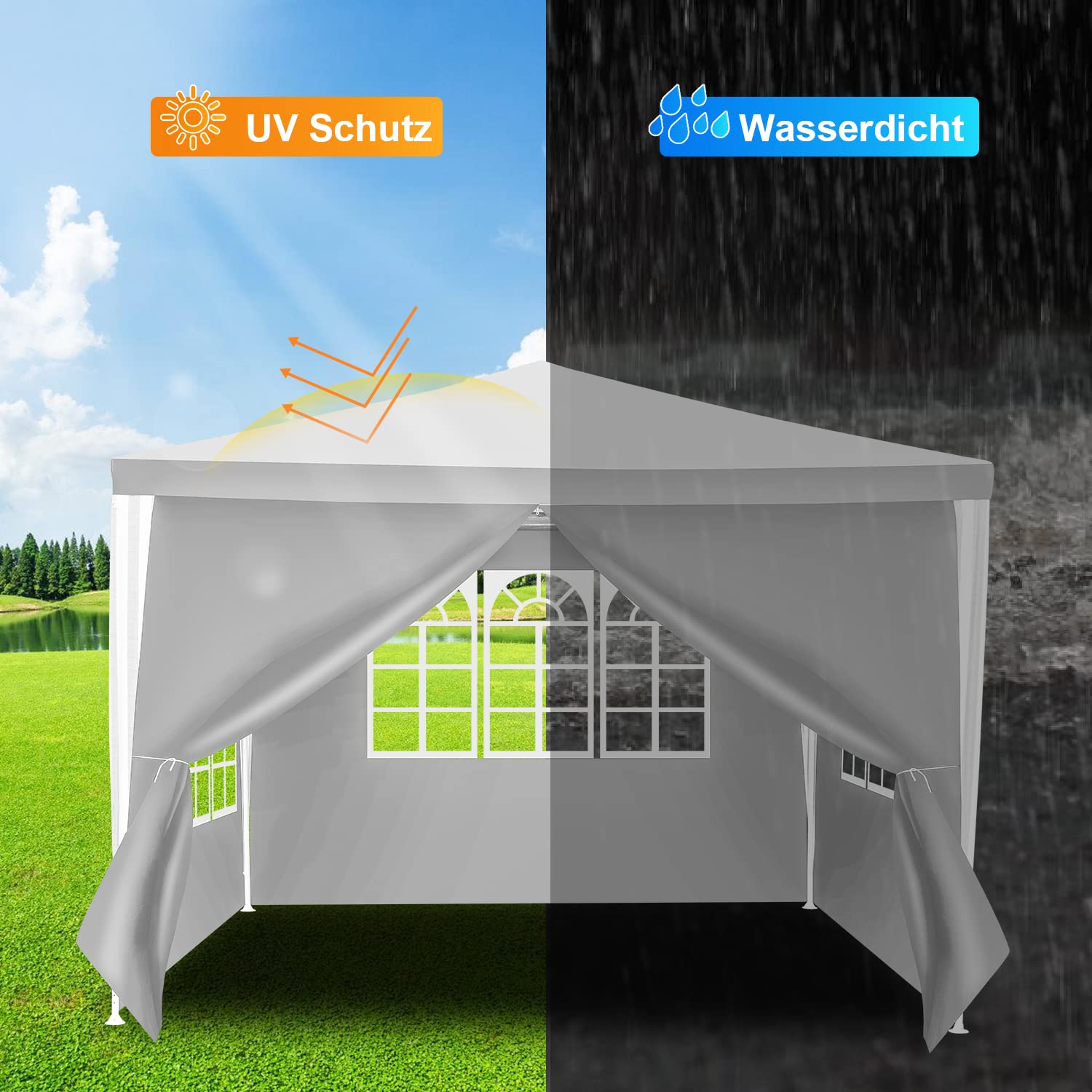 Wodoszczelny pawilon ogrodowy, 3 x 3 m, ochrona przed promieniowaniem UV, stabilny namiot imprezowy, odporny na zimę, namiot biesiadny z 4 ścianami bocznymi i oknami, do ogrodu, na imprezę, wesele, stoisko targowe, biały