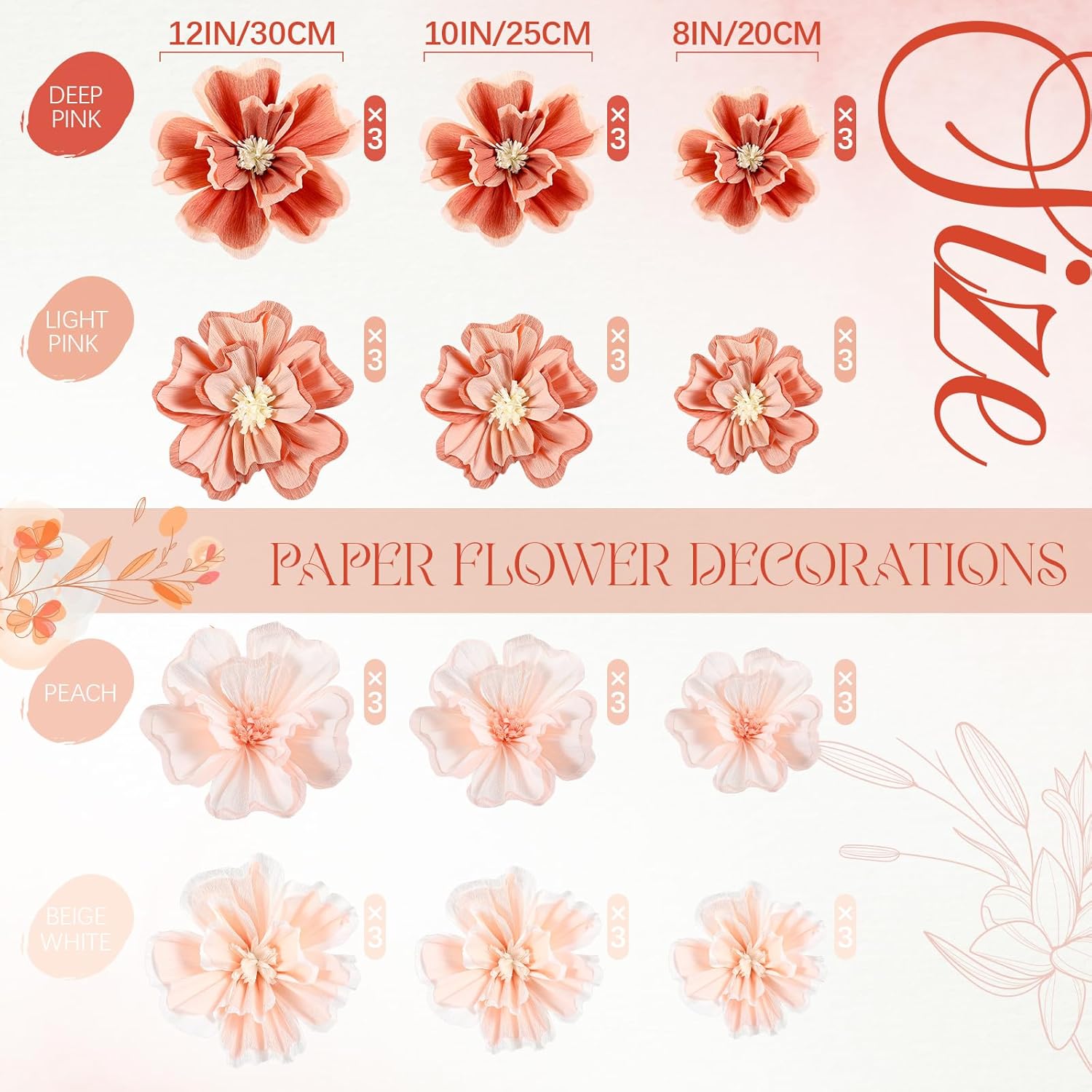 Gilprop 36 Pcs Pink Tissue Paper Flowers, 8" 10" 12" Crepe Paper Flowers Decorations for Wedding Party Baby Bridal Shower Nursery Wall Decor Floral Backdrop