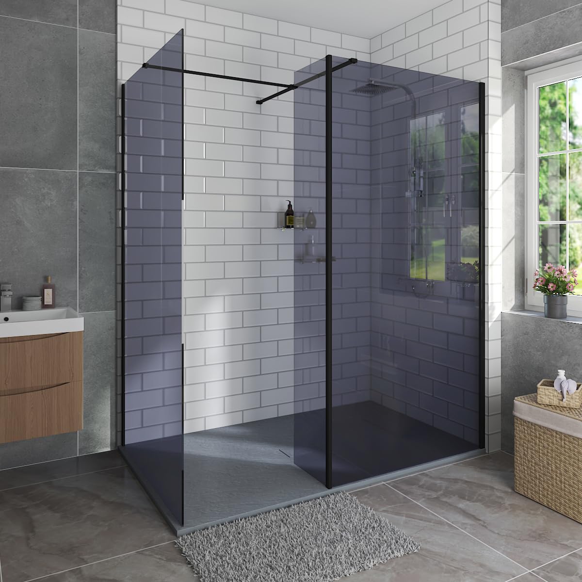 Aquariss 700+700+300Mm+Anthracite 1200X700mm Tray 1200X700mm Grey Walk In Shower Screens And Return Panel Tray