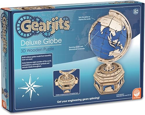 MindWare Gearjits: Globe - Rompecabezas de construcción 3D de madera para adolescentes y adultos - Modelo de construcción de bricolaje - Diversión