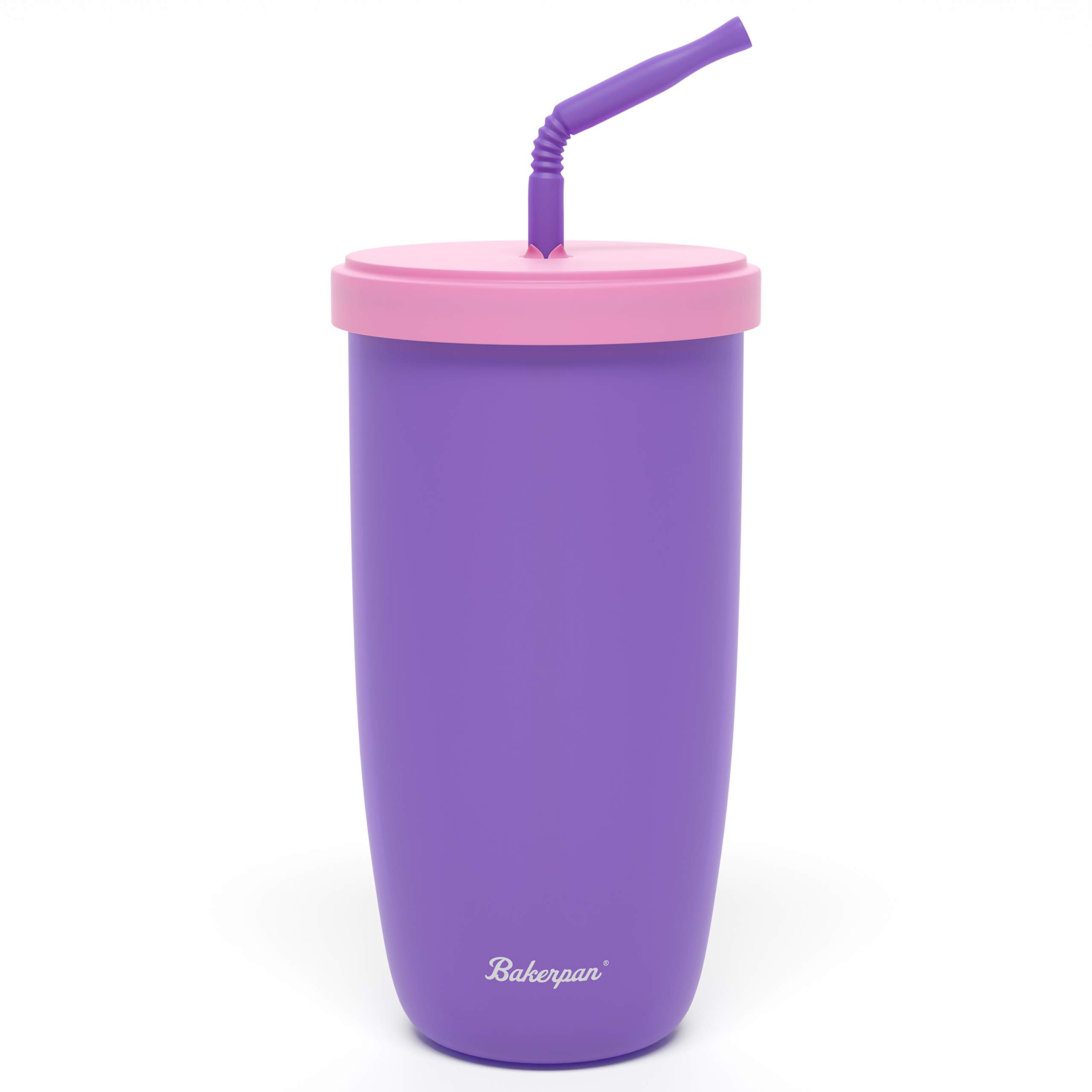 Bakerpan Silicone Straw Cup for Toddlers and Kids, 12 Ounce Silicone Cups with Straw (Purple)