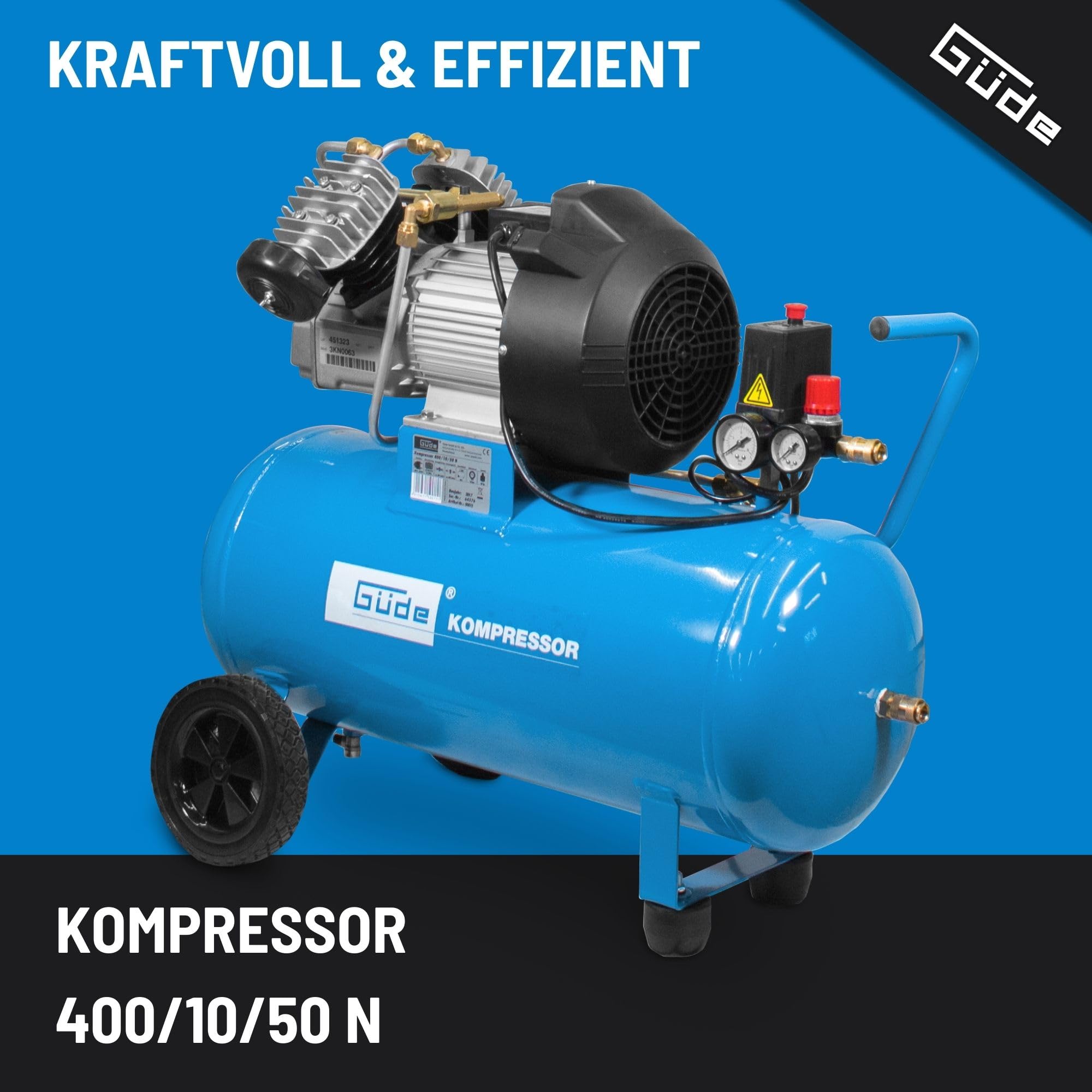 Güde 400/10/50 N Kompressor - 230 Volt, 50 Liter Kessel, 2,2 Kilowatt, max. Druck 10 bar, eff. Liefermenge bei 0 bar 303 l/min, 2-Zylinder-V-Aggregat ölgeschmiert, 2 Manometer, 2 Druckluftkupplungen