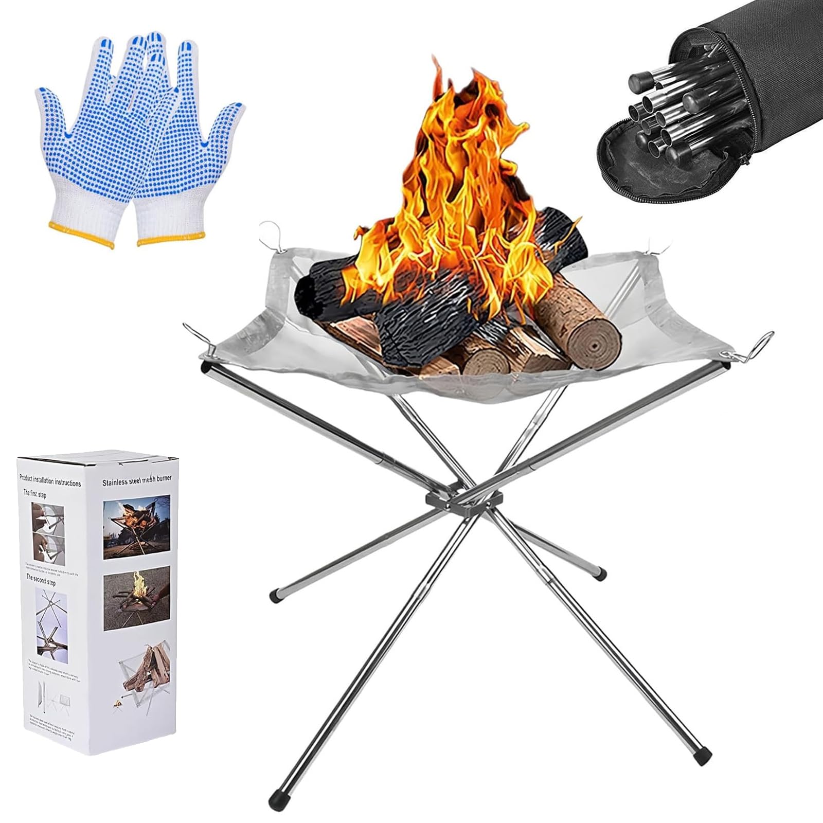 Portable Fire Pit for Camping, Foldable Stainless Steel Mesh Fire Pit Sets with Carrying Bag Saving Space for BBQ Heating, Bonfire, Barbecue, Patio, Backyard, Garden (Silver, 22 x 22 x 16.9 inche)