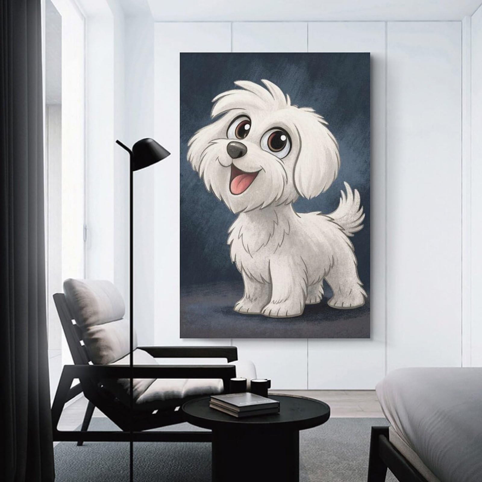 Junmoney Cartoon Maltese Dog Illustration Decorative Wall Artwork, 16x24inch(40x60cm), for Home Lounge, Bedroom Or Reading Nook, Easy Decor for Gallery Walls