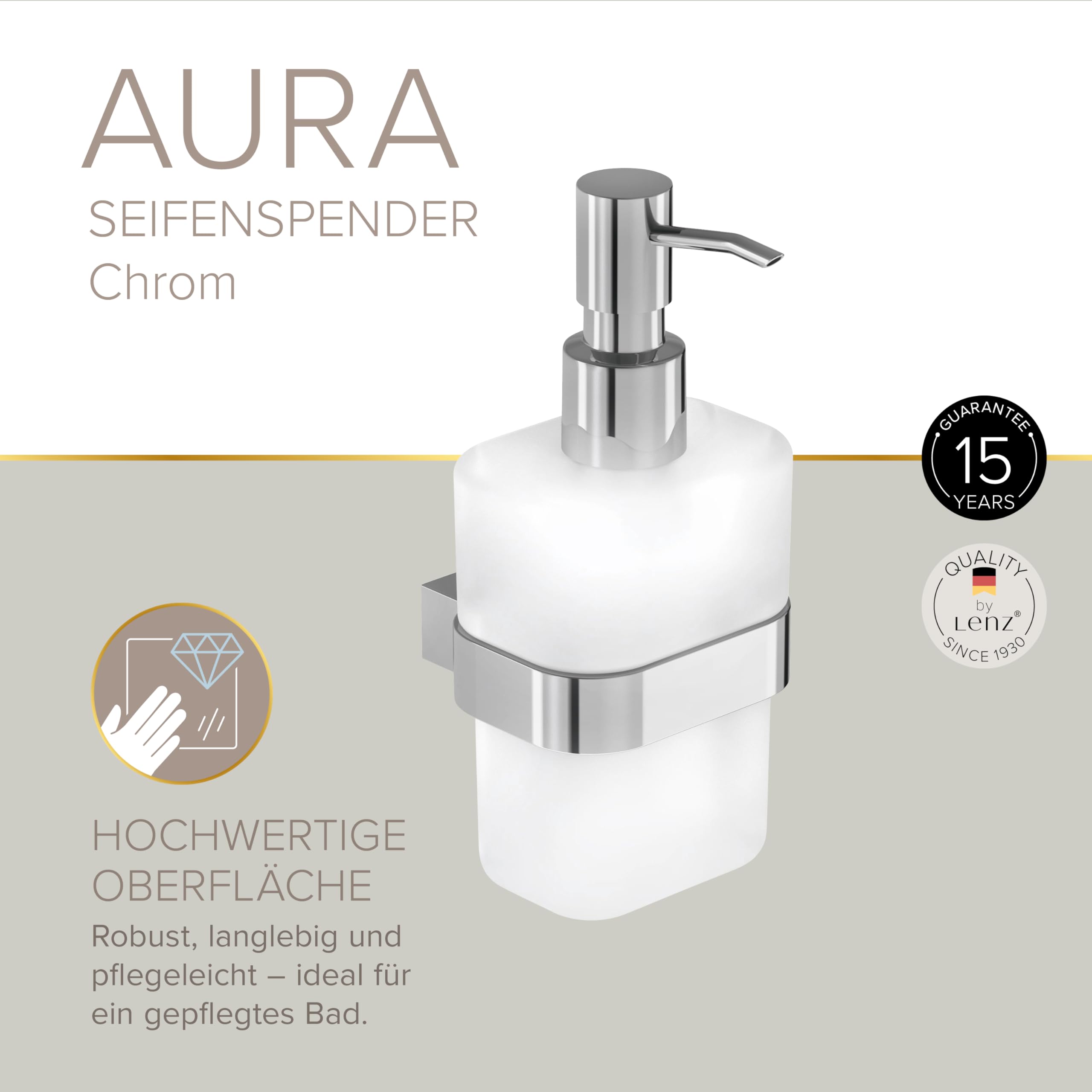 Lenz Seifenspender Aura in Chrom – Nachfüllbar und Tropffrei | Wandmontage inkl. Befestigungsmaterial – Pflegeleichte Oberfläche & hochwertige Verarbeitung, satiniertes Glas, 3408302