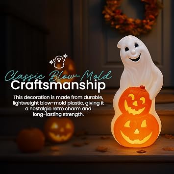 Union Products 56480 60-Watt Light Up Ghost and Pumpkin Halloween Outdoor Garden Statue Decoration Made from Blow-Molded Plastic, White/Orange
